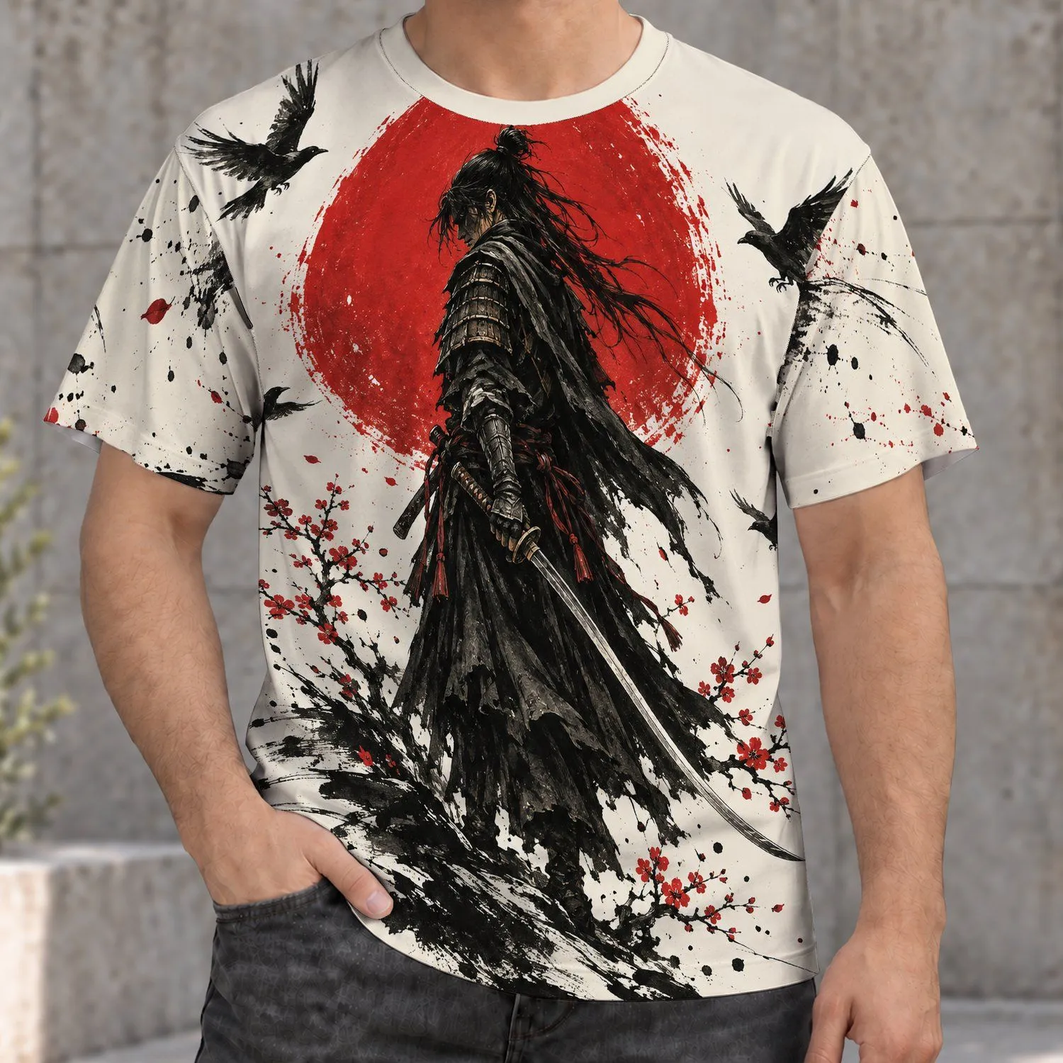 Samurai And Crows With Crimson Moon For Japanese Art And Everyday Streetwear All-over Print Unisex T-shirt - 1