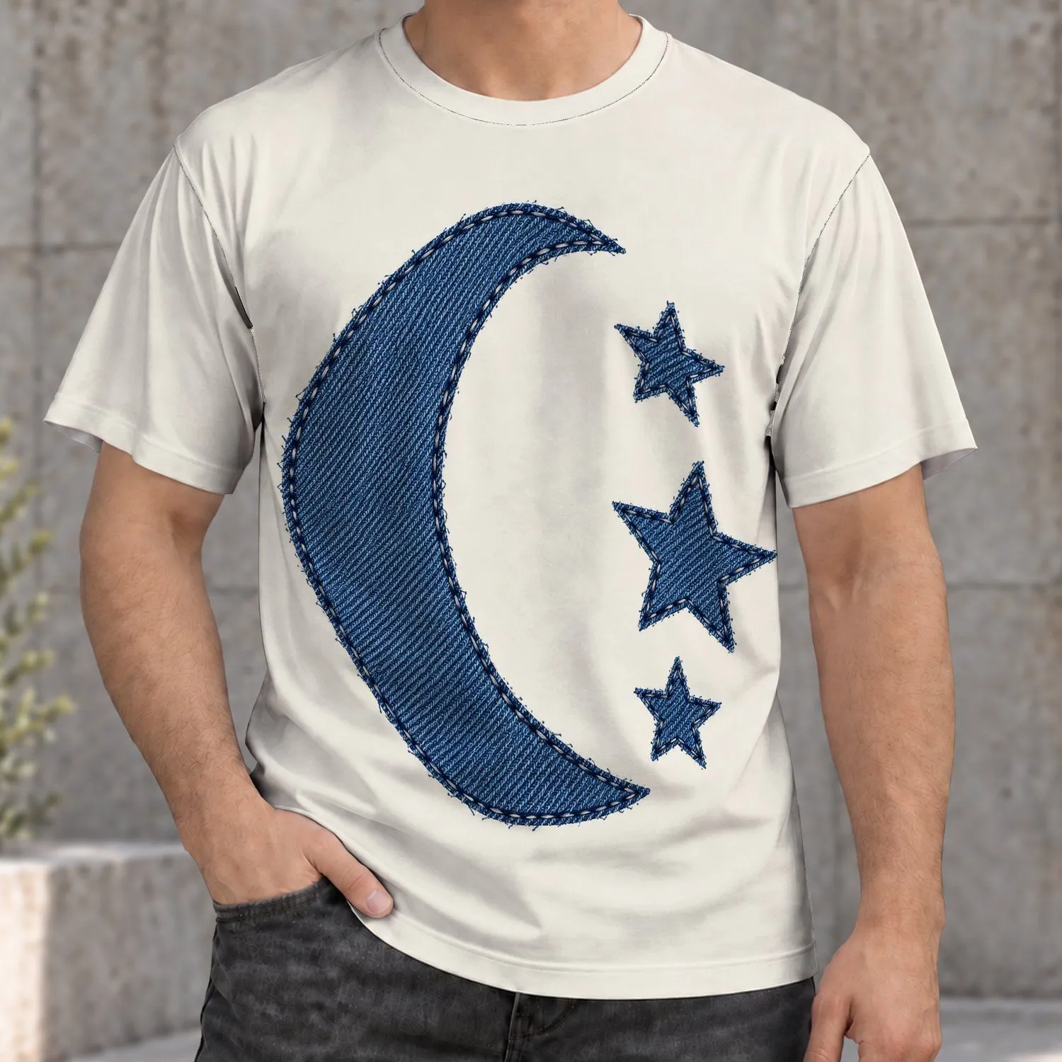 Denim Crescent Moon And Stars For Relaxed Everyday Casual Wear And Quiet Stargazing All-over Print Unisex T-shirt - 1