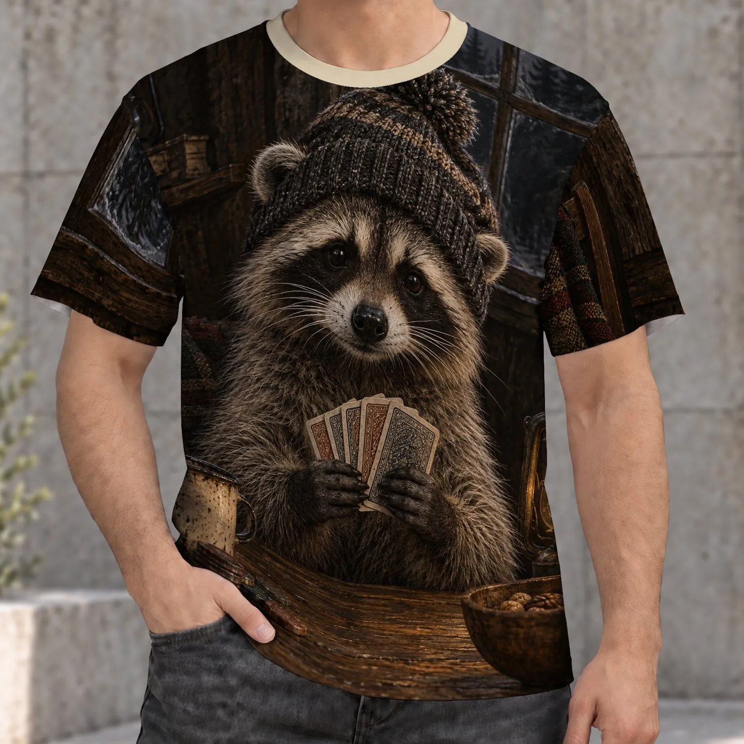Raccoon in Knit Beanie Holding Cards for Cozy Game Nights and Casual Weekend Style All-over Print Unisex T-shirt - 1