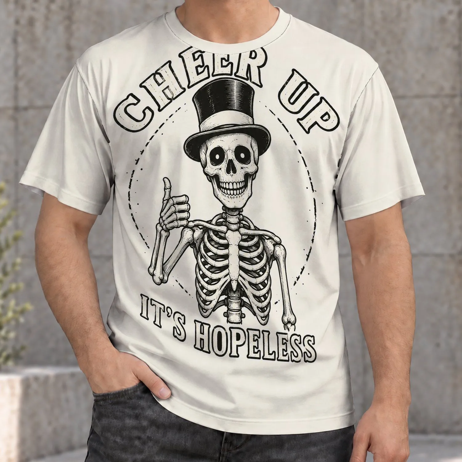 Top Hat Skeleton Cheer Up Humor for Casual Everyday Wear and Gifting All-over Print Unisex T-shirt - 1