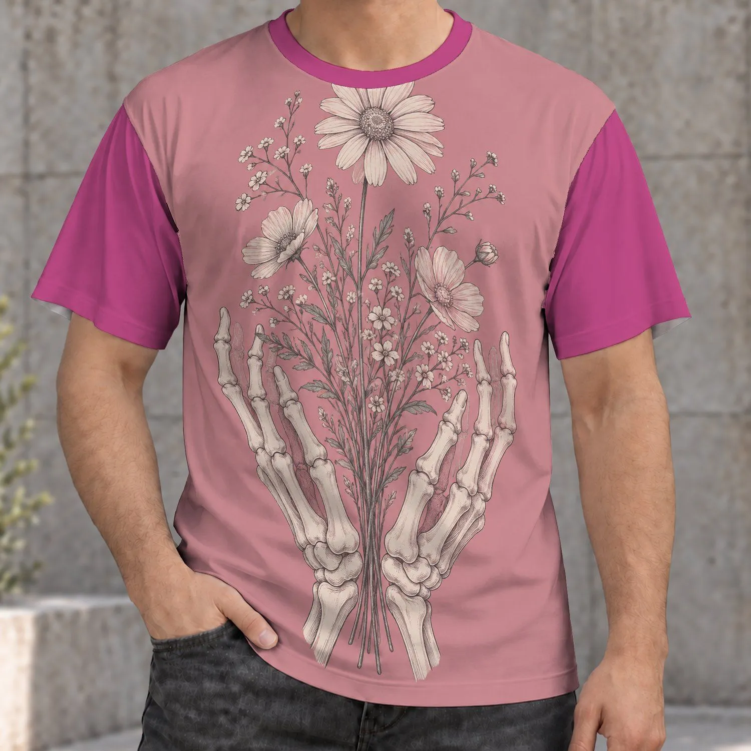 Skeleton Hands Holding Wildflowers for Everyday Style and Nature-Loving Friends All-over Print Unisex T-shirt - 1