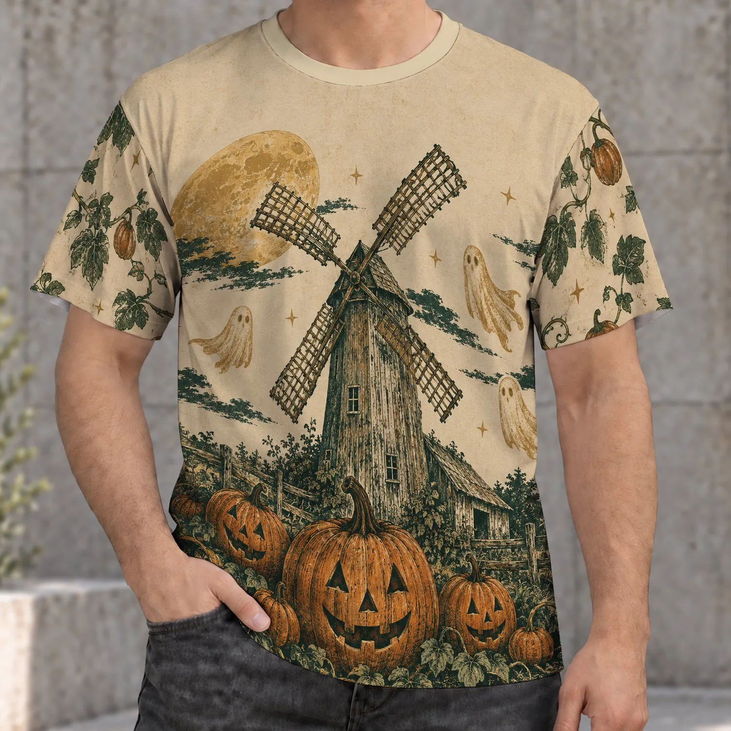Haunted Windmill And Jack-O'-Lanterns For Autumn Nights And Halloween Gatherings All-over Print Unisex T-shirt - 1