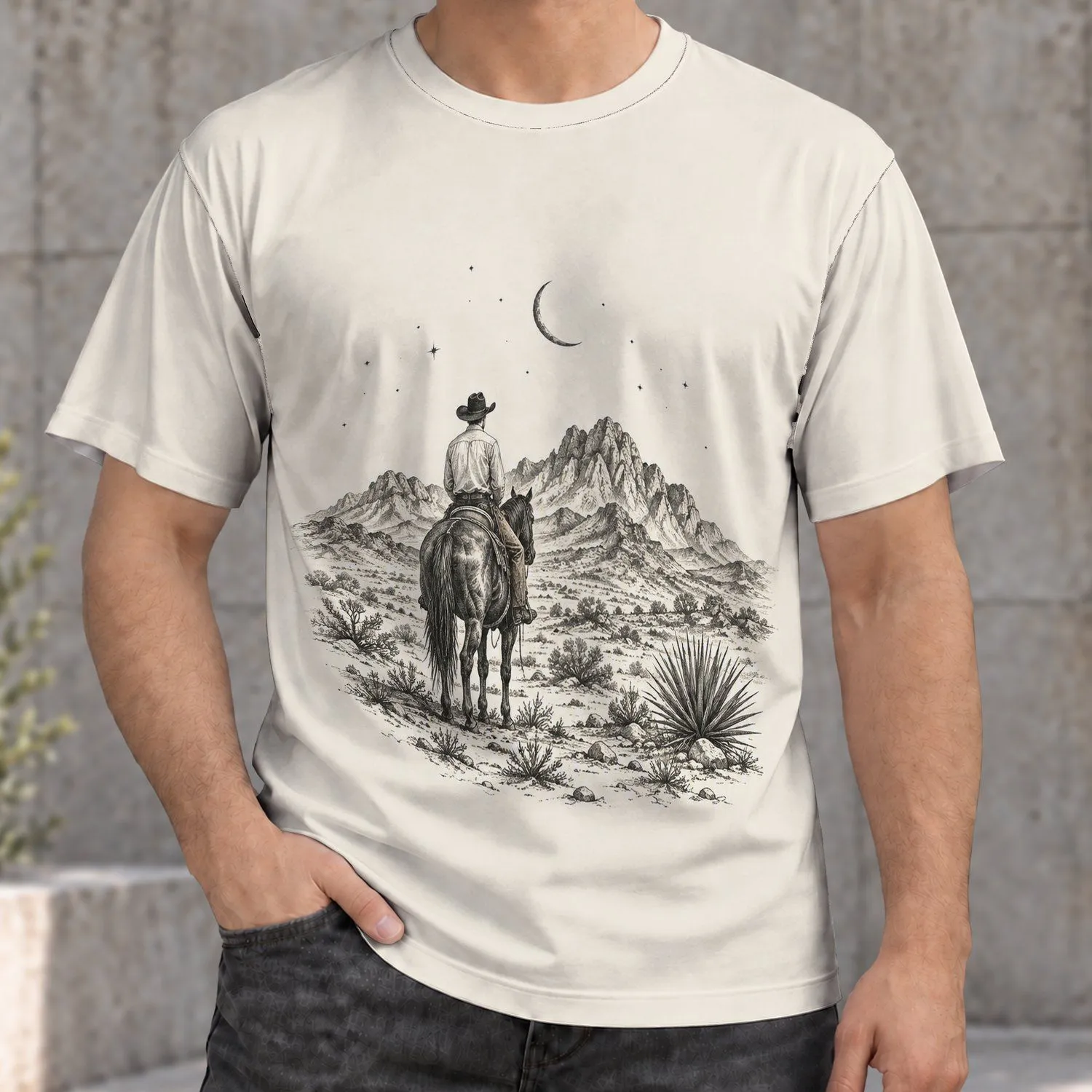 Moonlit Cowboy Riding Horse Beneath Crescent Moon for Outdoor Western Style Fans All-over Print Unisex T-shirt - 1