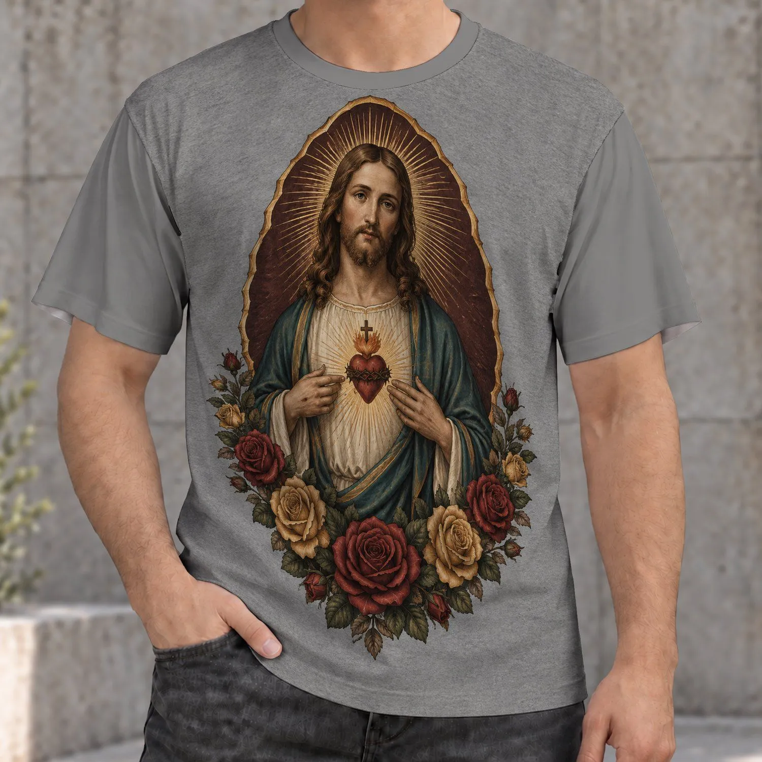 Sacred Heart and Roses for Faithful Everyday Wear and Thoughtful Gifts for All All-over Print Unisex T-shirt - 1