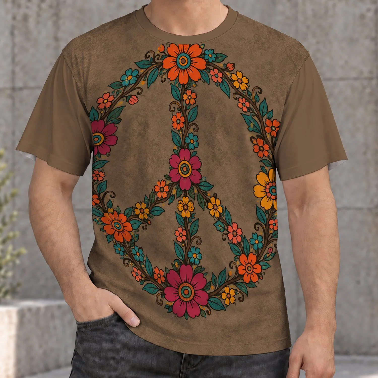 Floral Peace Symbol With Retro Blooms for Festival Days and Everyday Calm All-over Print Unisex T-shirt - 1