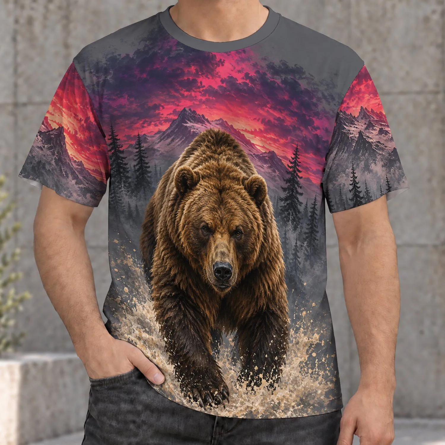 Grizzly Bear at a Pink Mountain Twilight for Nature Lovers and Outdoor Adventures All-over Print Unisex T-shirt - 1
