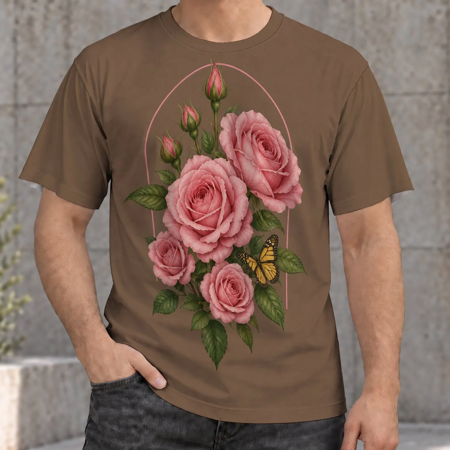 Pink Rose Bouquet With Butterfly for Everyday Casual Style and Garden Lovers All-over Print Unisex T-shirt - 1