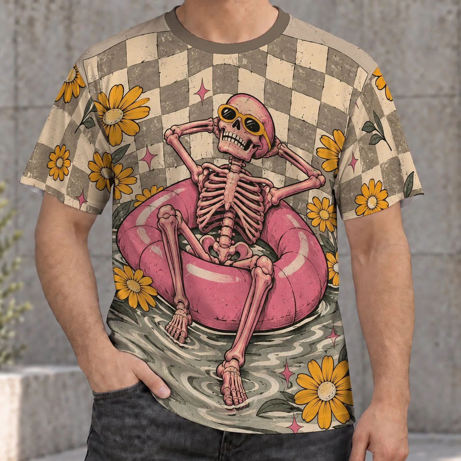 Relaxing Skeleton Poolside Flowers for Summer Festivals and Casual Everyday Stylewear All-over Print Unisex T-shirt - 1