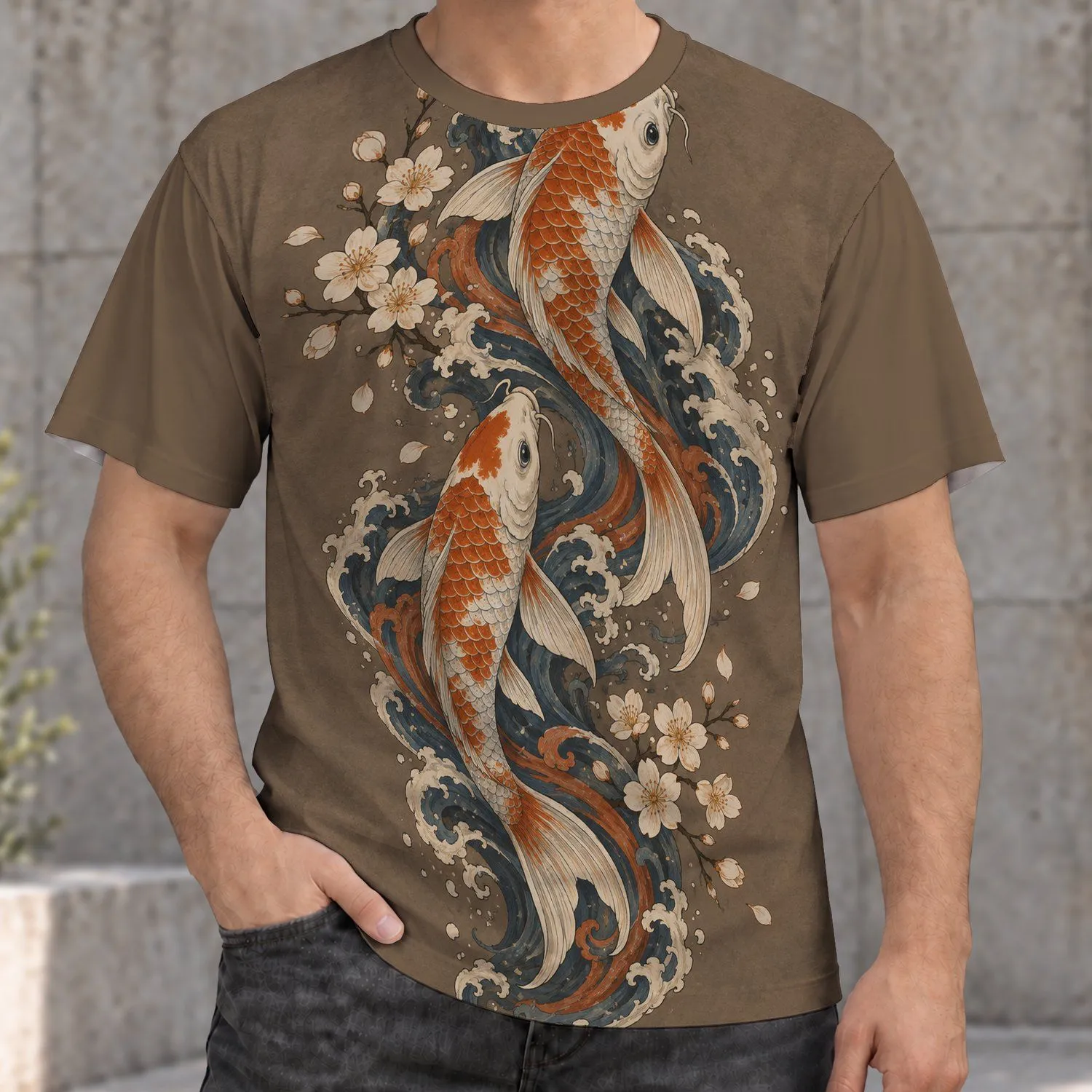 Twin Koi and Cherry Blossoms for Japanese Art Fans and Everyday Casual Style All-over Print Unisex T-shirt - 1