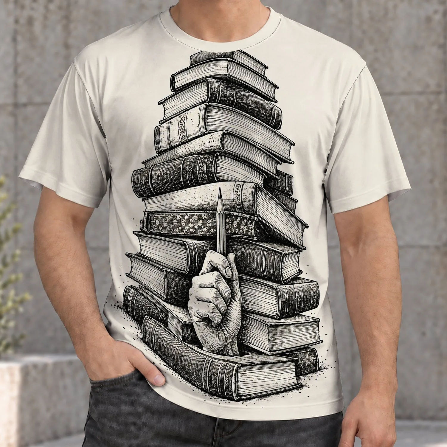 Stacked Books and Pen for Study Days, Reading Nooks and Creative Writers of All Ages All-over Print Unisex T-shirt - 1