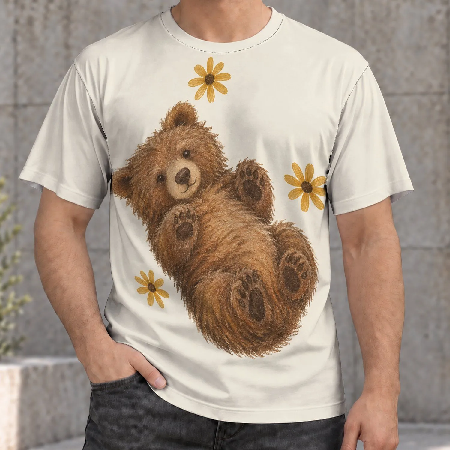 Reclining Brown Bear and Daisies for Cozy Casual Days and Nature Lovers All-over Print Unisex T-shirt - 1