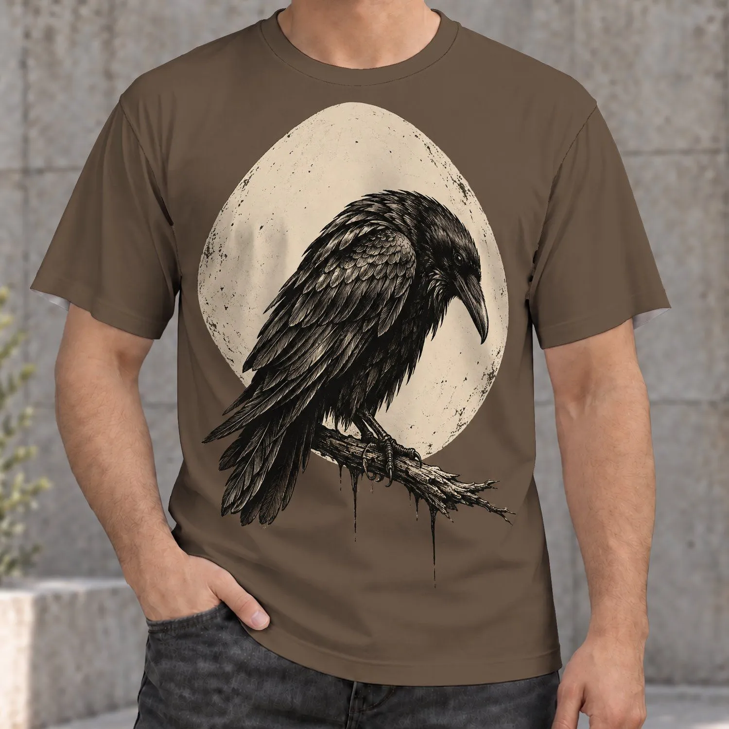 Raven Beneath a Full Moon for Moody Gothic Streetwear and Everyday Night Owl Style All-over Print Unisex T-shirt - 1