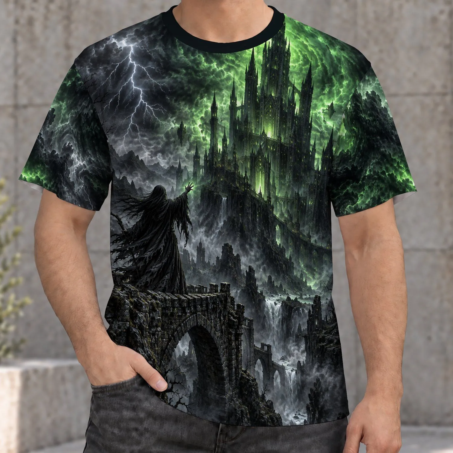 Dark Fantasy Wizard and Green Castle for Everyday Casual Wear and Fantasy Lovers All-over Print Unisex T-shirt - 1