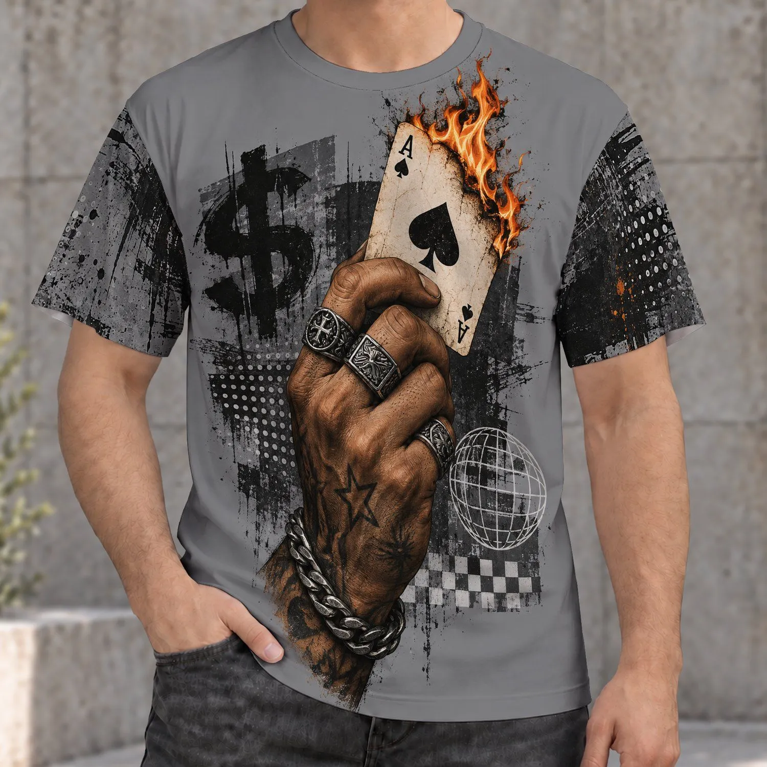 Burning Ace Card and Tattooed Hand for Bold Streetwear and Casual Weekend Style All-over Print Unisex T-shirt - 1