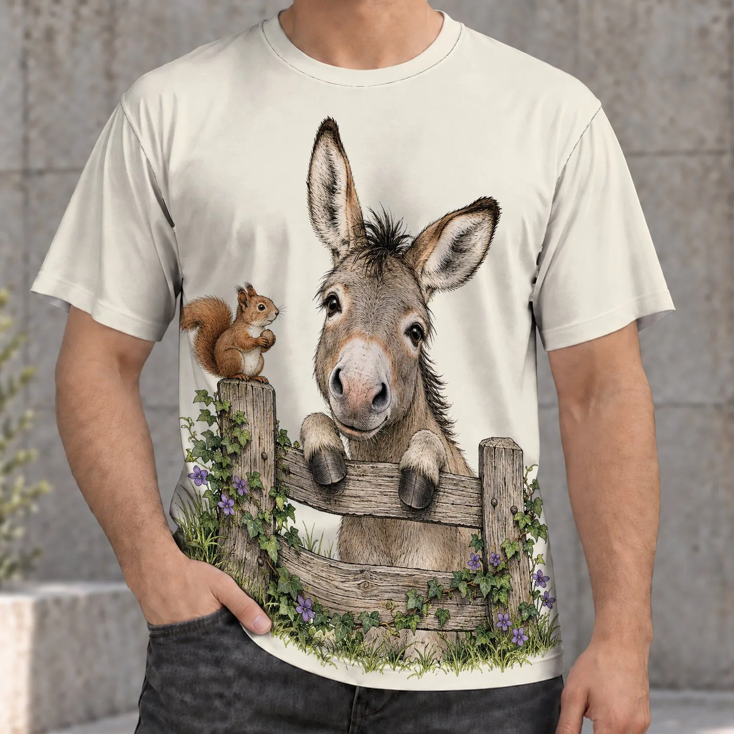 Donkey and Squirrel on Rustic Fence for Cozy Nature Walks and Woodland Days All-over Print Unisex T-shirt - 1
