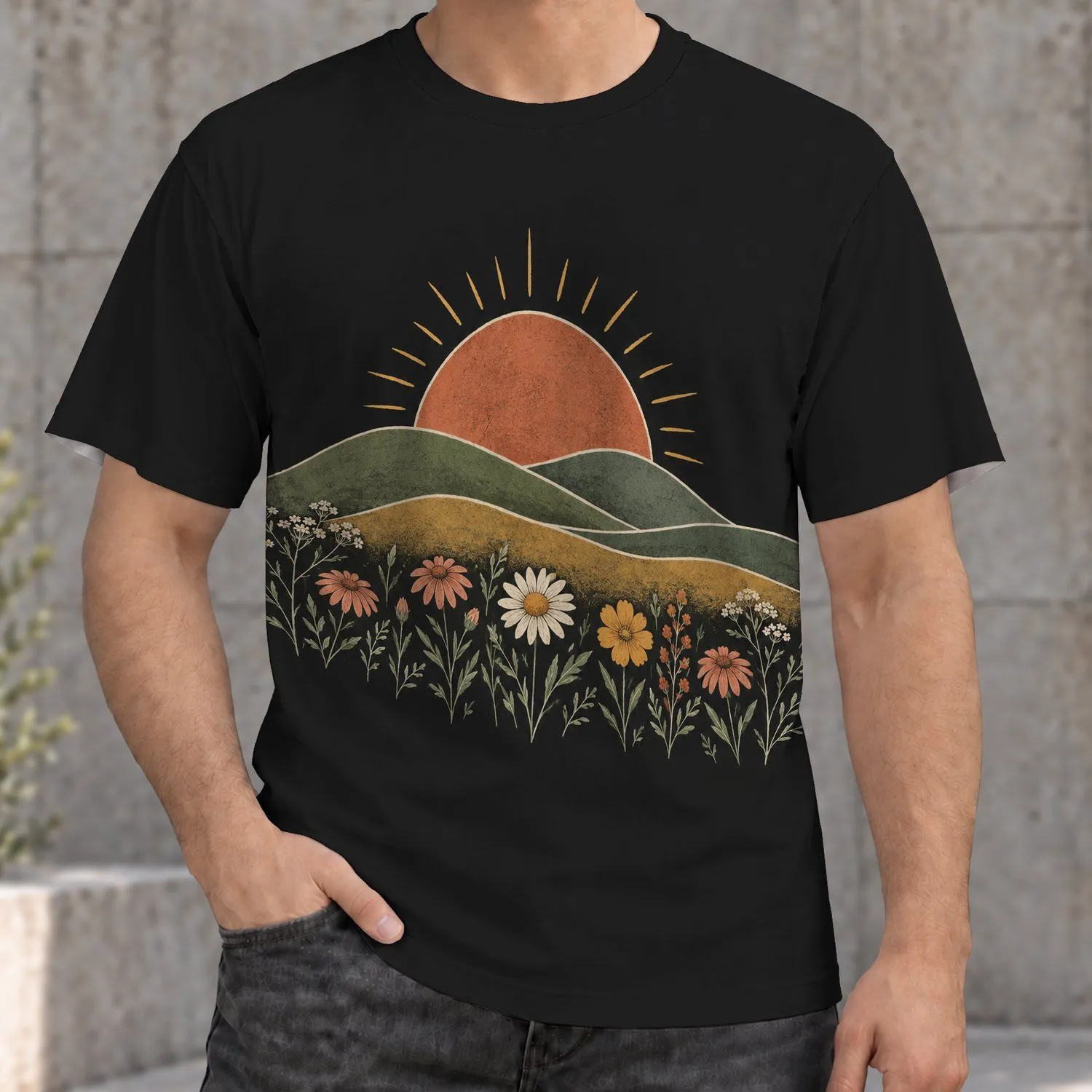 Retro Sunset Wildflower Meadow for Casual Outdoor Days and Nature Lovers All-over Print Unisex T-shirt - 1
