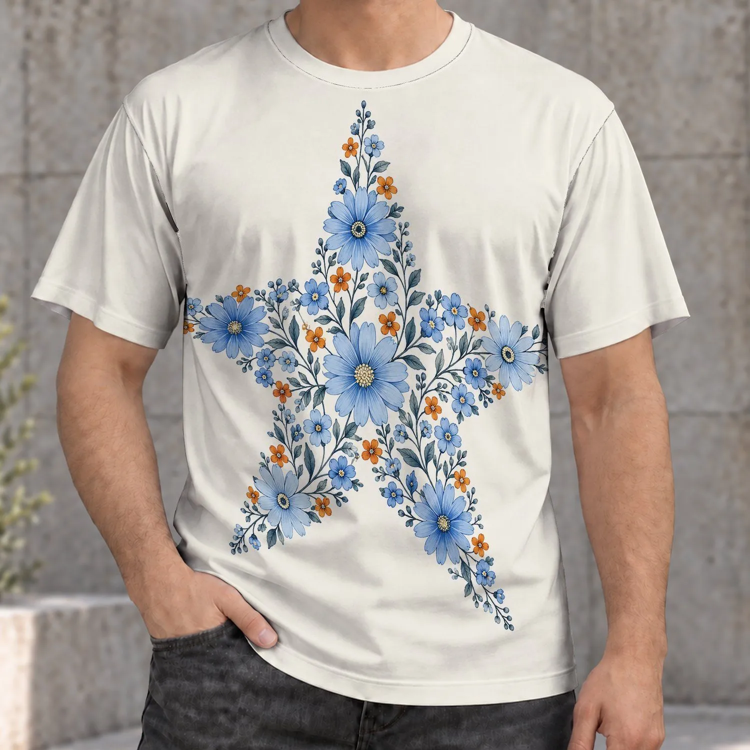 Blue Floral Star Motif for Casual Everyday Wear and Outdoor Weekends with Friends All-over Print Unisex T-shirt - 1