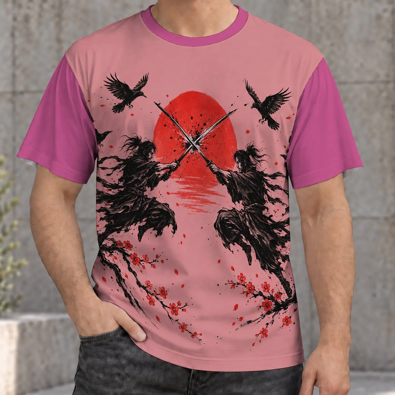 Samurai Sword Duel Beneath Red Sun for Japanese Heritage and Streetwear Fans All-over Print Unisex T-shirt - 1