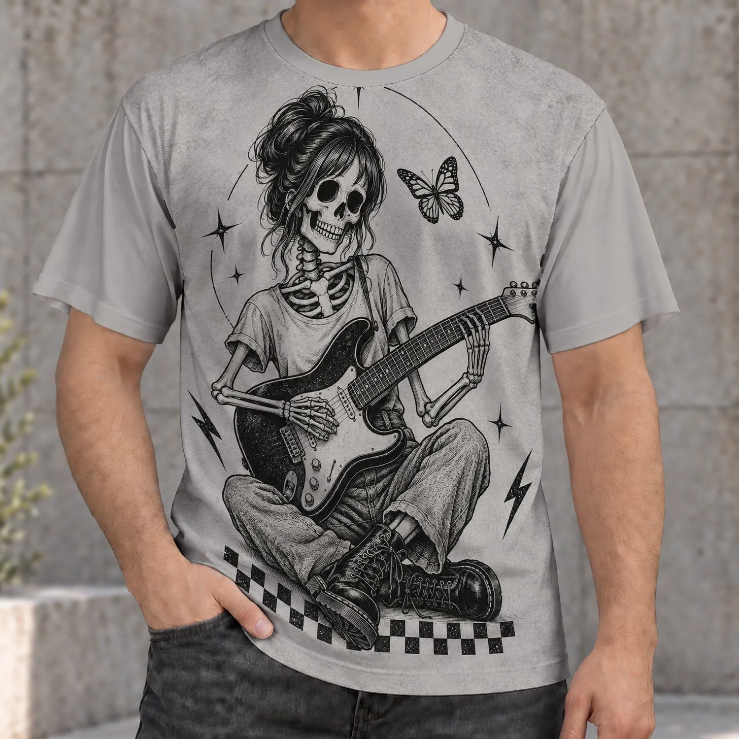 Skeleton Guitarist Rock Music Gift for Alternative Music Fans and Concert Nights All-over Print Unisex T-shirt - 1
