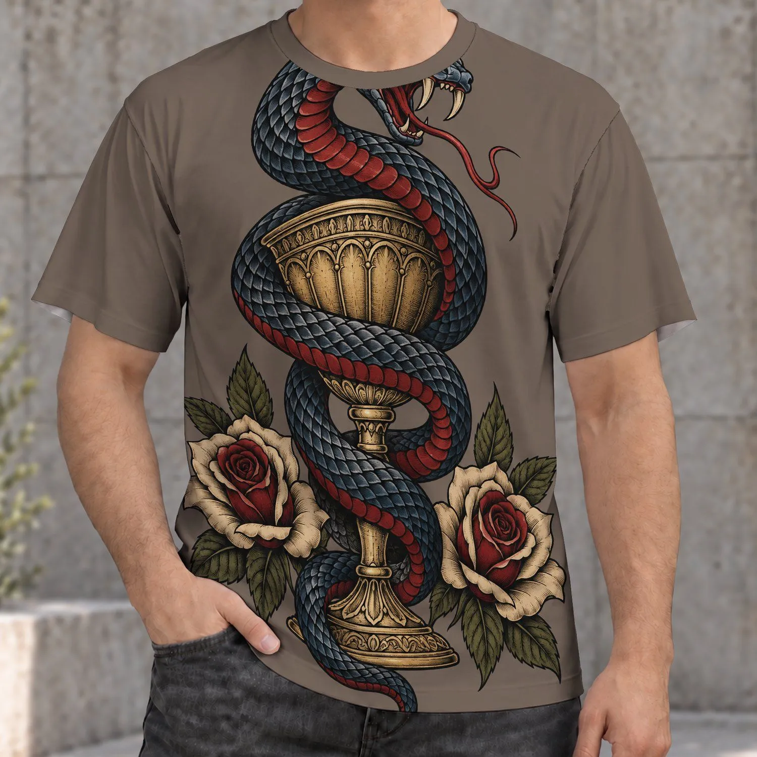 Coiled Serpent And Chalice With Roses For Everyday Alternative Streetwear Style Wear All-over Print Unisex T-shirt - 1