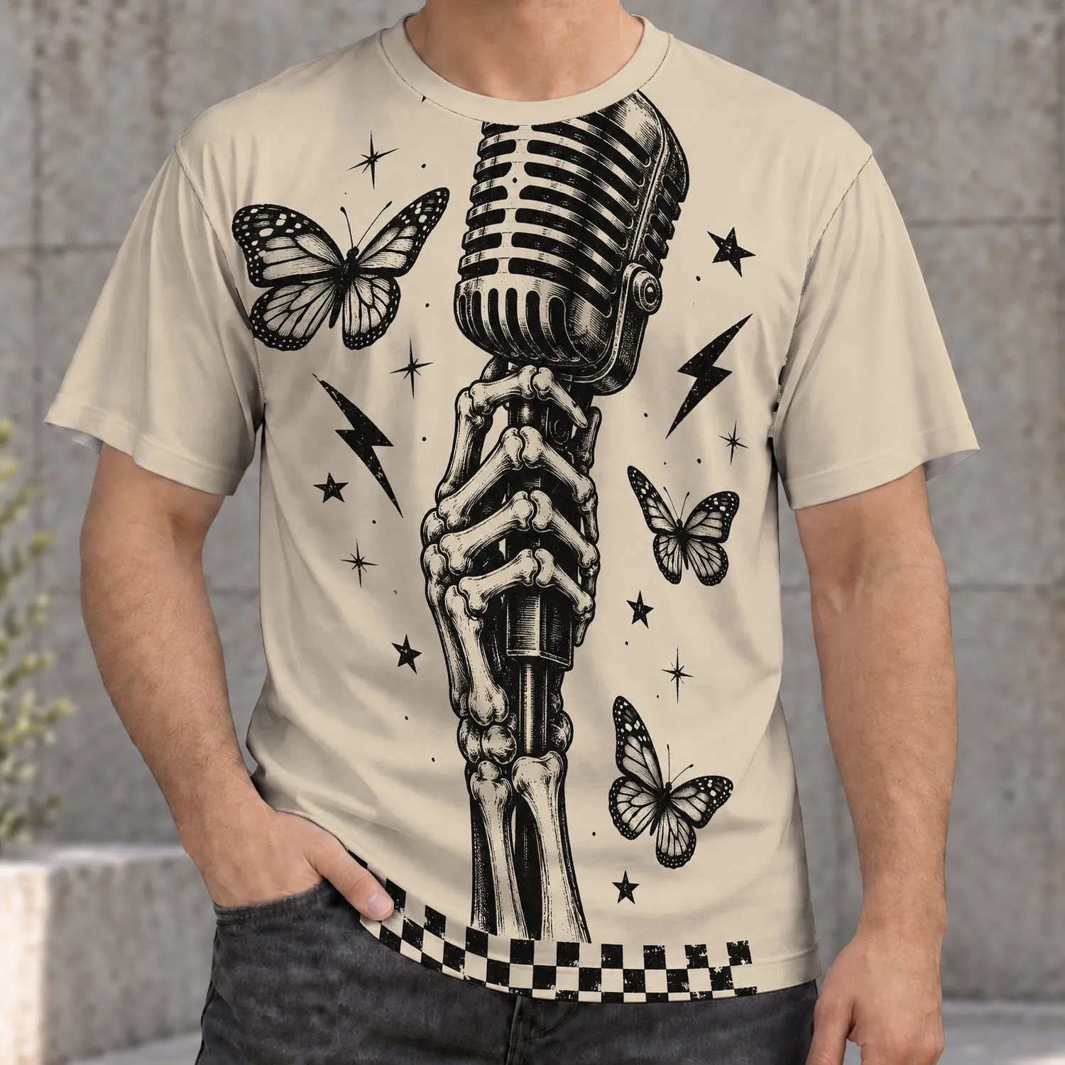 Skeleton Hand Microphone Art for Concert Nights and Alternative Music Fans Everyday All-over Print Unisex T-shirt - 1