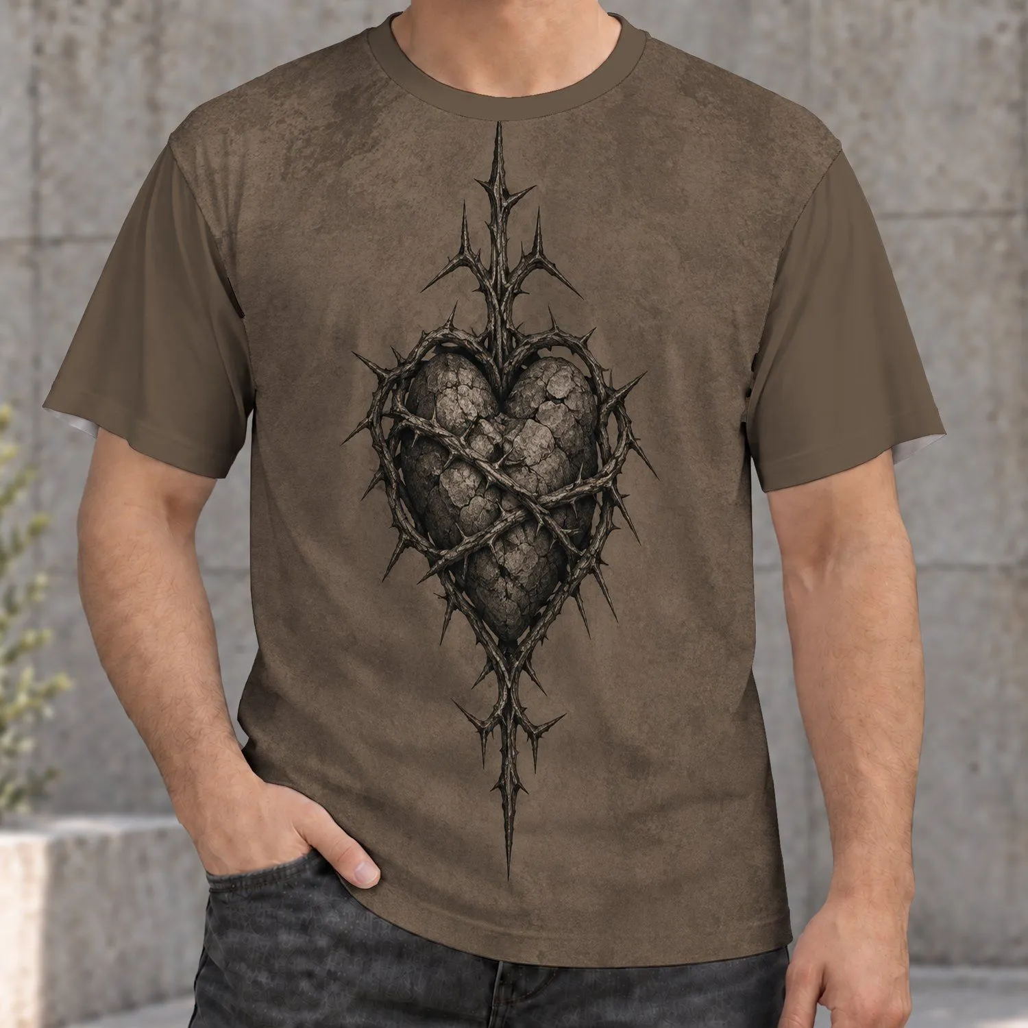 Thorn-Wrapped Heart with Gothic Spikes for Everyday Alternative Streetwear, Unisex All-over Print Unisex T-shirt - 1