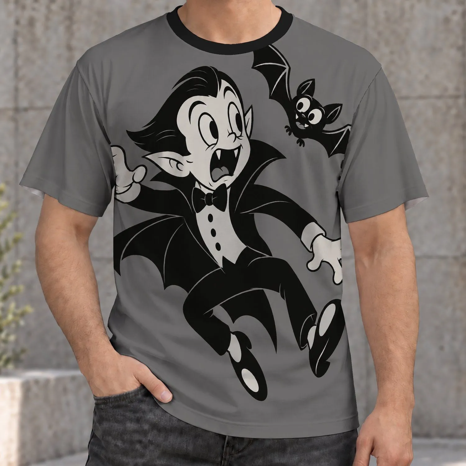 Classic Cartoon Vampire And Flying Bat For Halloween Nights And Everyday Spooky Style All-over Print Unisex T-shirt - 1