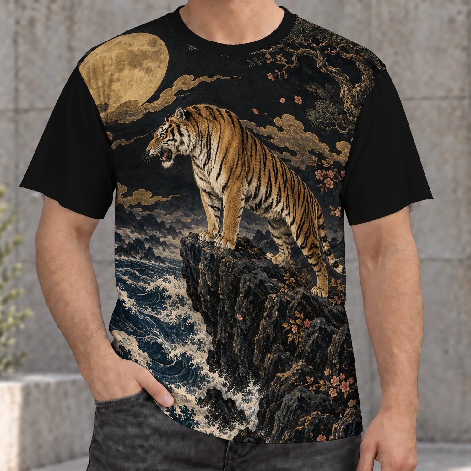 Tiger Moonlit Waves and Pine Scene for Everyday Streetwear and Nature Lover Gifts All-over Print Unisex T-shirt - 1