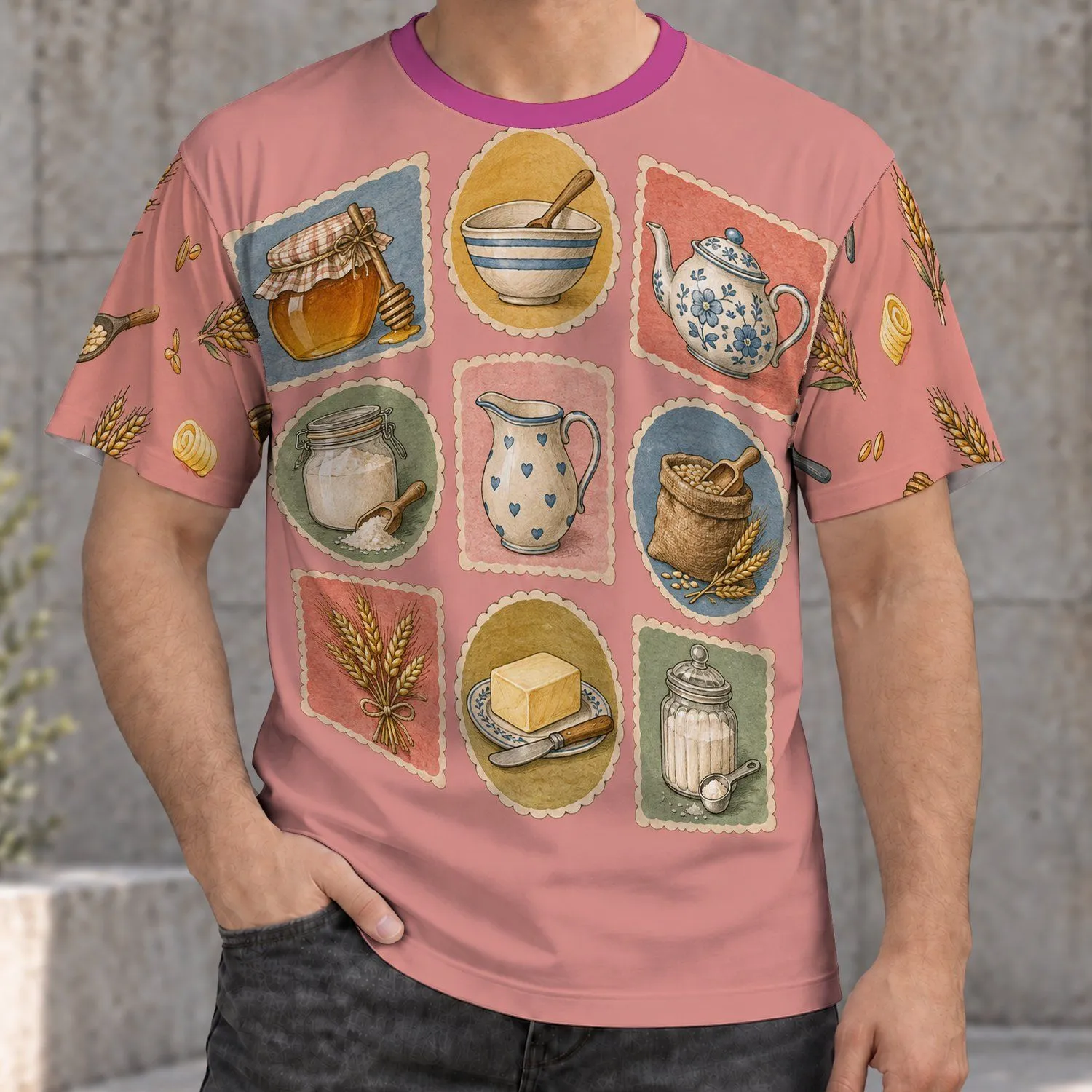 Vintage Kitchen Ingredients Collage for Cozy Baking Days and Home Cooks All-over Print Unisex T-shirt - 1