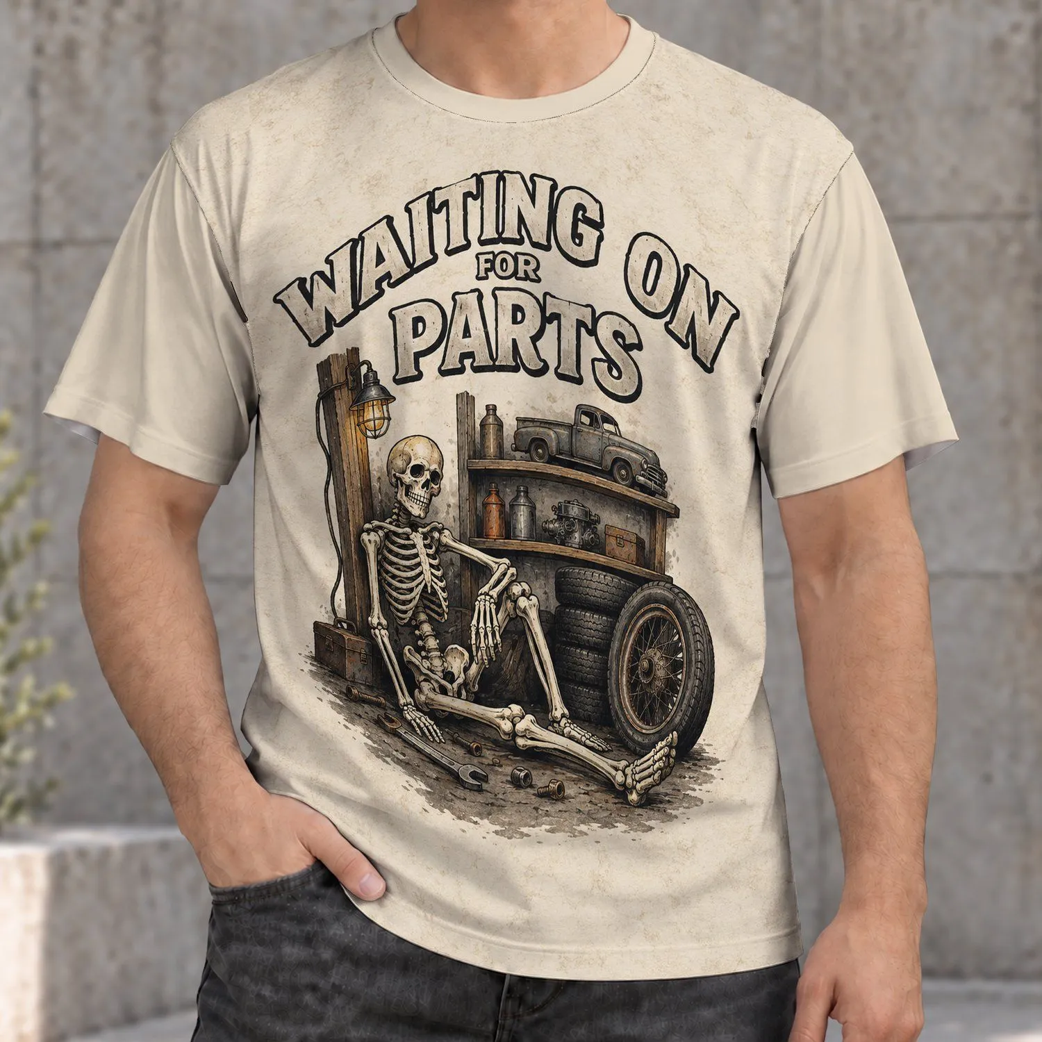 Skeleton Waiting On Parts Garage Scene for Vintage Auto Repair Fans and Mechanics All-over Print Unisex T-shirt - 1