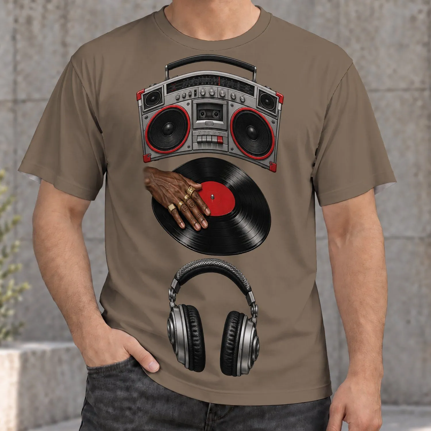 Retro Boombox, Vinyl Record & Headphones for Everyday Music Lovers and Streetwear Fans All-over Print Unisex T-shirt - 1