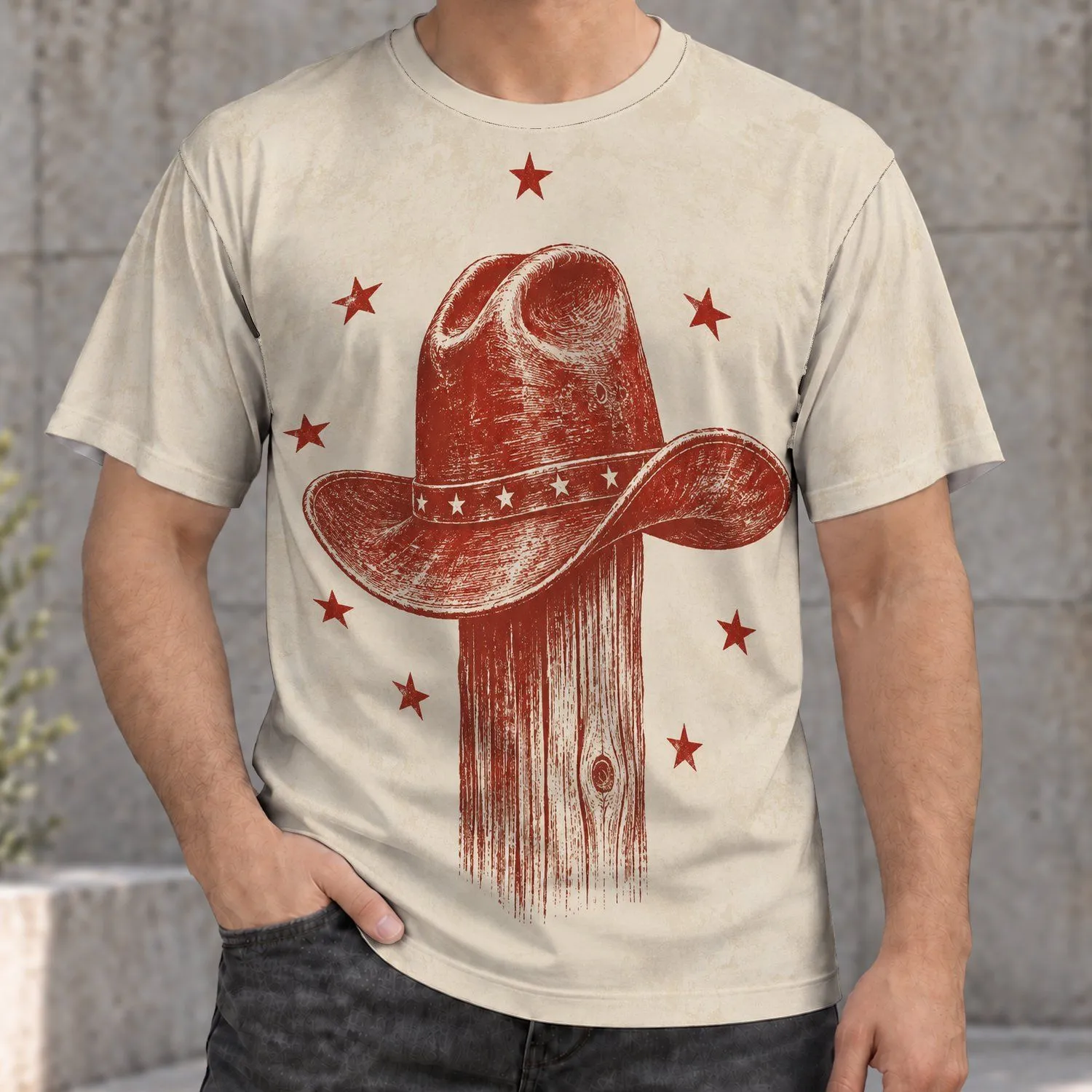 Cowboy Hat and Wooden Post with Stars for Everyday Western Wear and Outdoor Adventures All-over Print Unisex T-shirt - 1