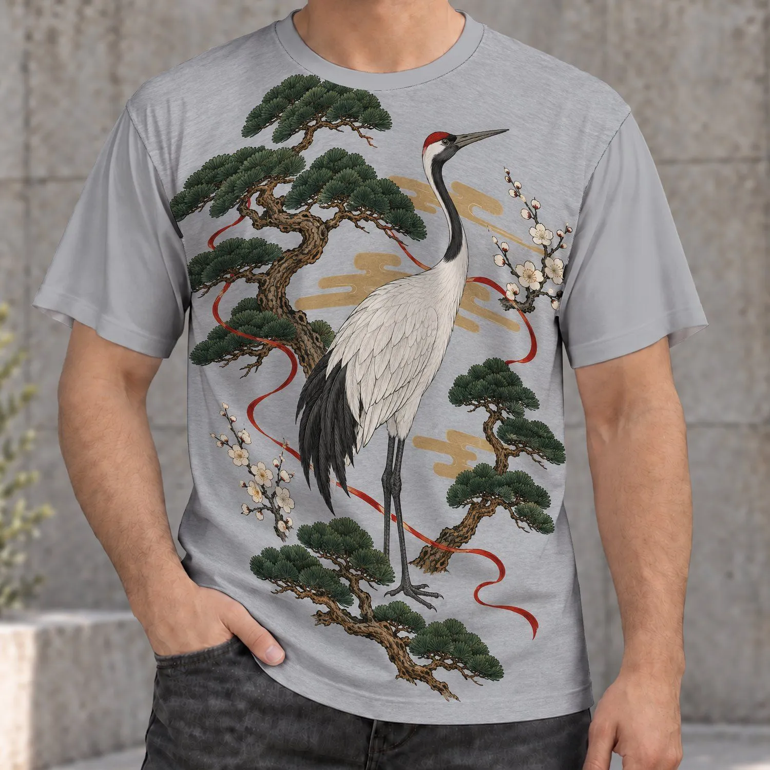 Elegant Crane And Pine Scene For Calm Nature Inspired Everyday Style All-over Print Unisex T-shirt - 1