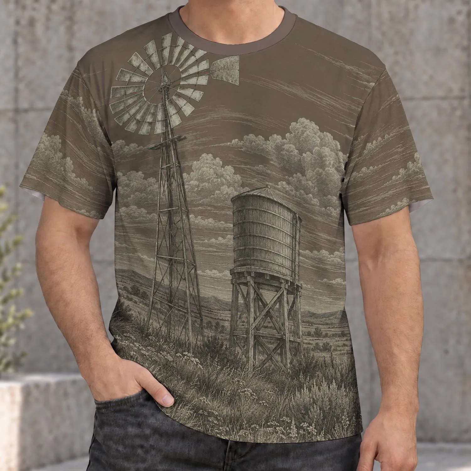 Windmill And Water Tower Countryside Scene For Everyday Outdoor Adventures All-over Print Unisex T-shirt - 1
