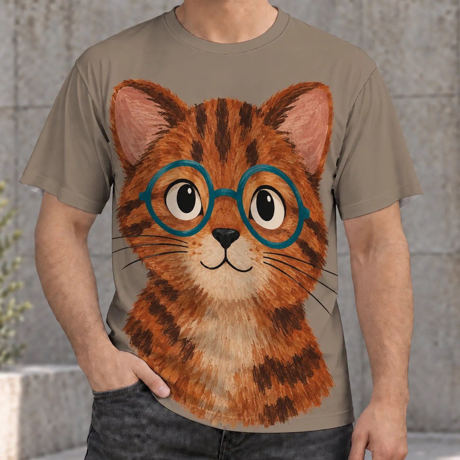 Rust Red Cat With Teal Glasses for Relaxed Everyday Style and Playful Cat Lovers All-over Print Unisex T-shirt - 1
