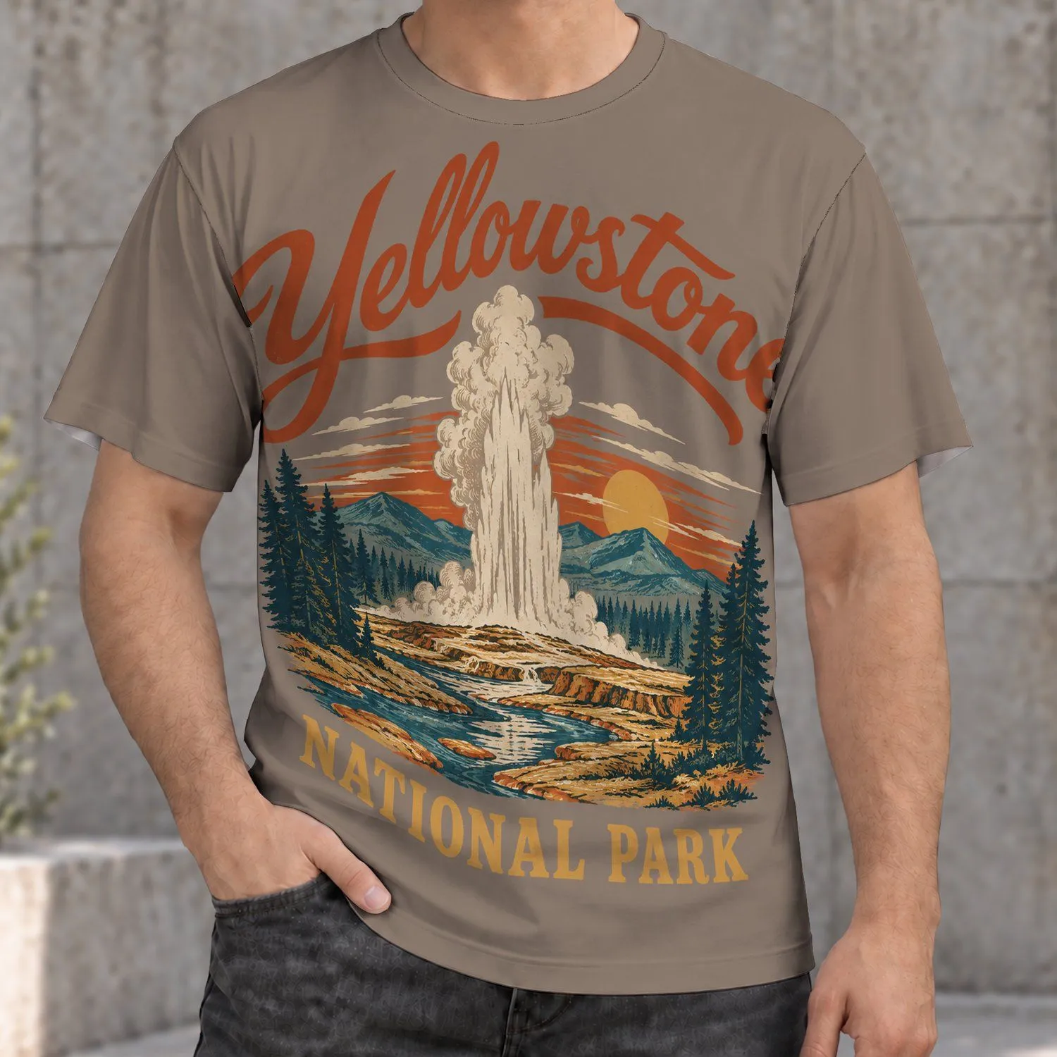 Vintage Geyser Sunset Landscape for Hiking Adventures and Outdoor Nature Lovers Travel All-over Print Unisex T-shirt - 1