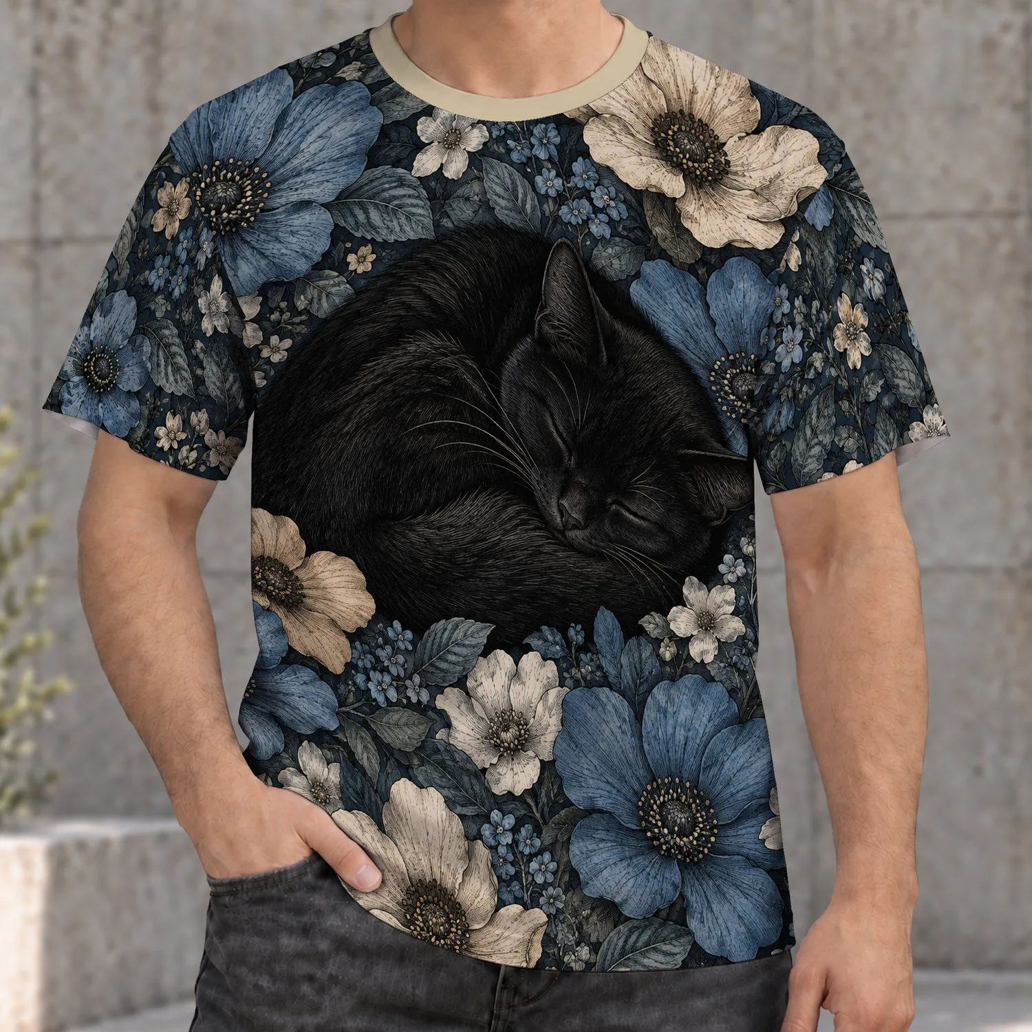 Sleeping Black Cat Among Blue and Beige Flowers for Cozy Everyday Casual Style All-over Print Unisex T-shirt - 1