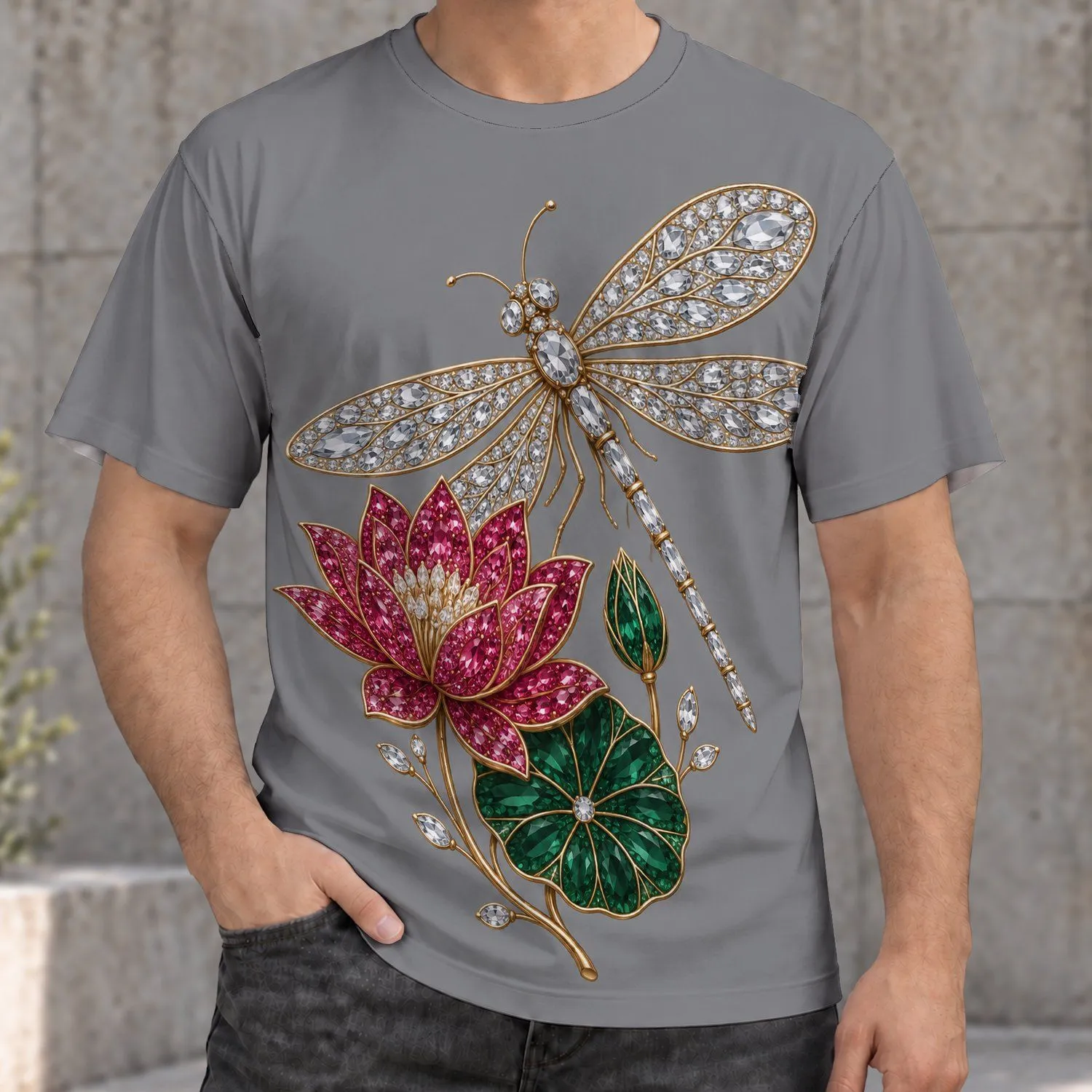 Jeweled Dragonfly And Lotus Flower Motif For Casual Streetwear And Outdoor Days Out All-over Print Unisex T-shirt - 1