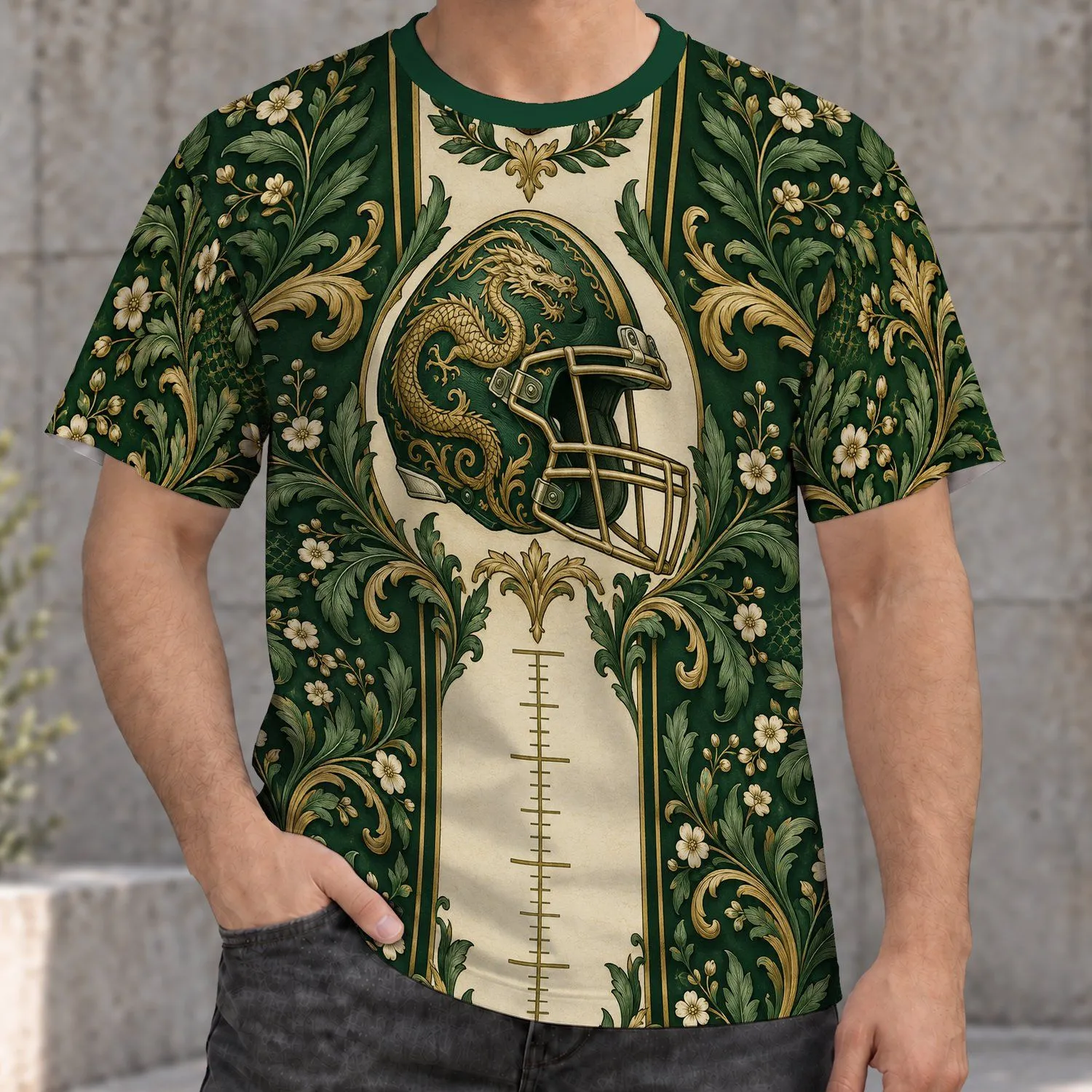 Ornate Green Football Helmet and Dragon Detail for Game Day Fans and Teenagers All-over Print Unisex T-shirt - 1