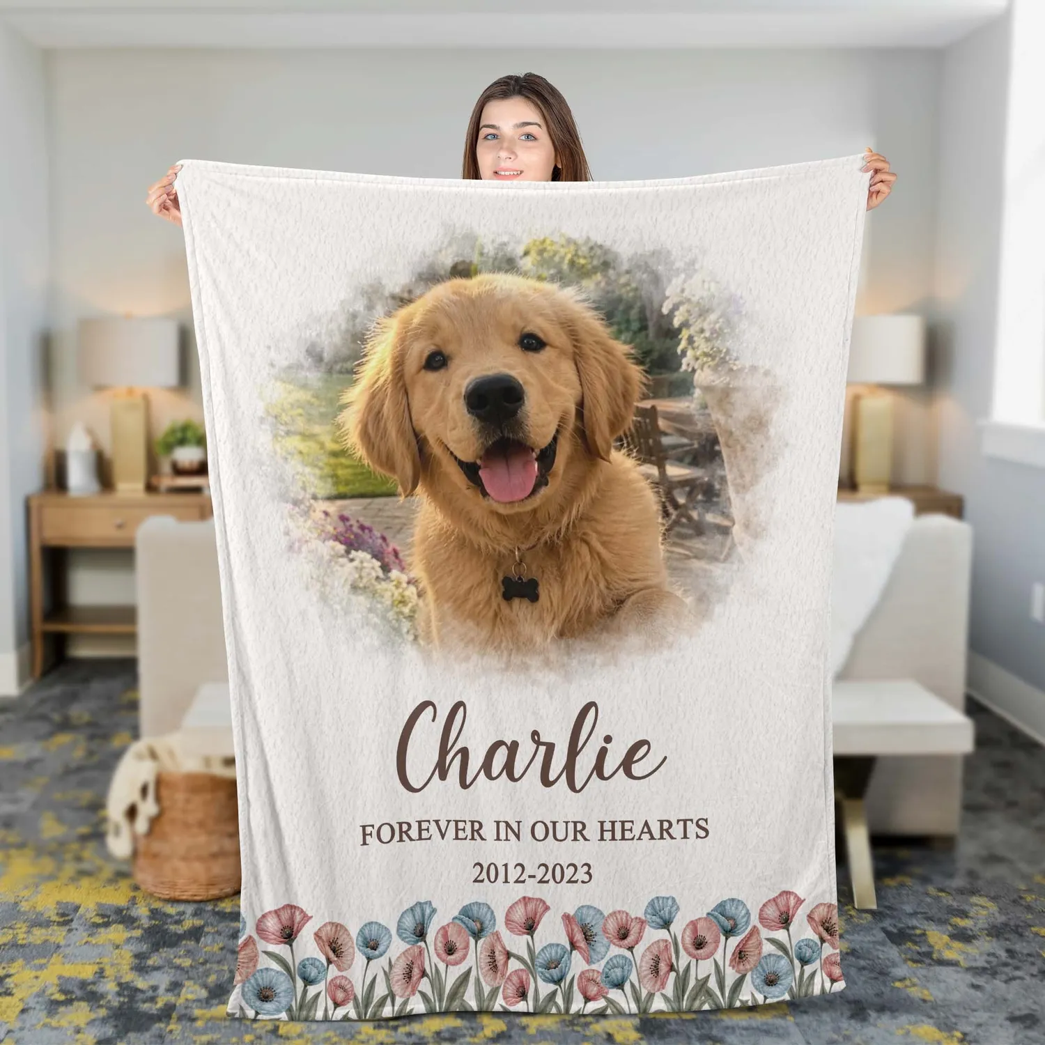 Personalized Poppy Flower Pet Memorial Blanket – Custom Dog Photo Throw with Name and Years, Loss of Dog Sympathy Gift - 1