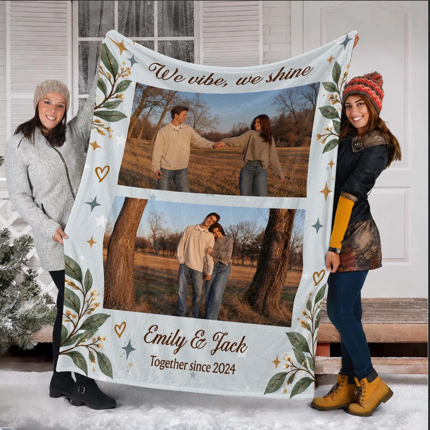 Personalized We Vibe We Shine Couple Photo Blanket – Custom 2 Picture Fleece Throw with Names, Anniversary Gift - 1