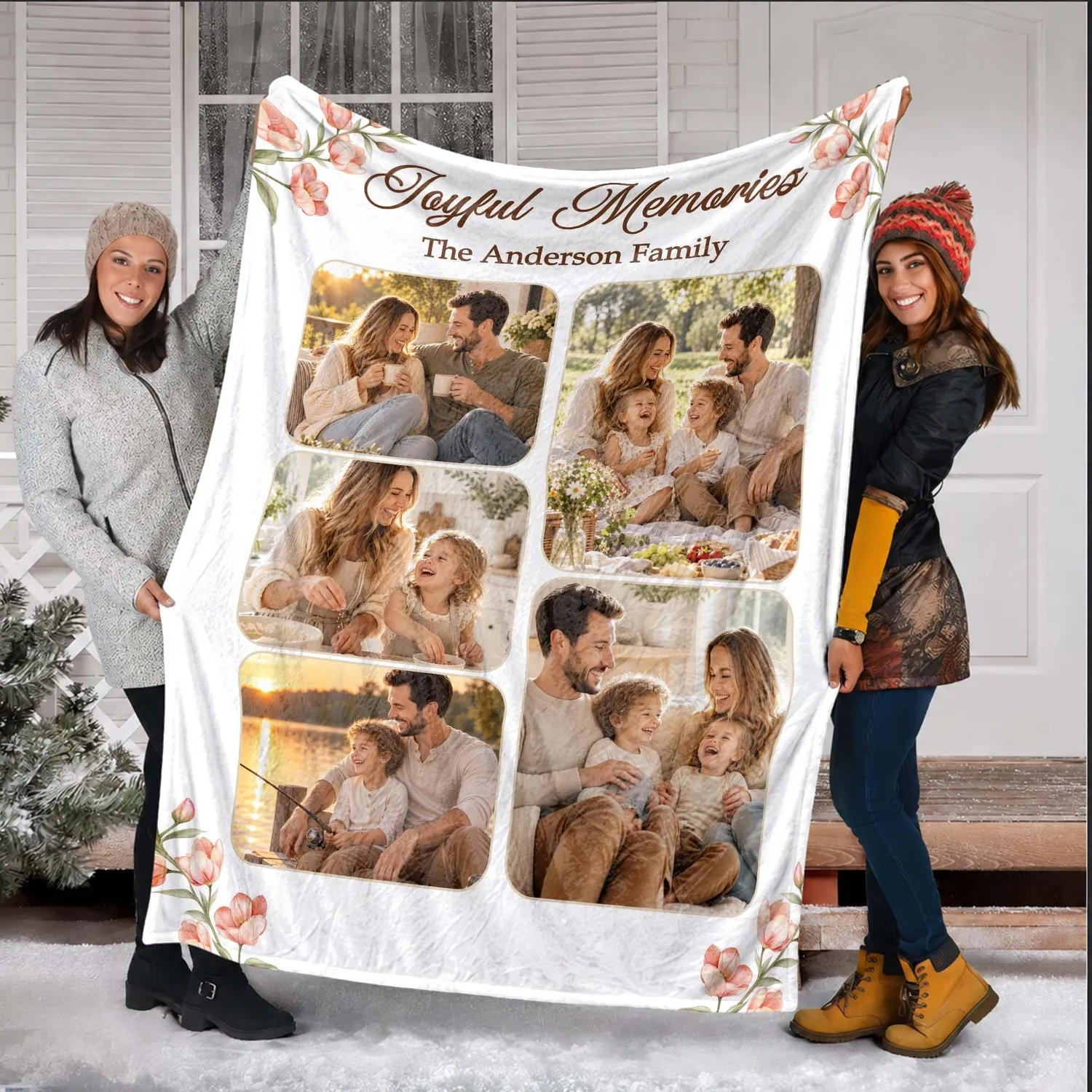 Personalized Joyful Memories Family Photo Blanket – Custom 5 Picture Floral Collage Fleece Throw, Christmas Gift for Mom - 1