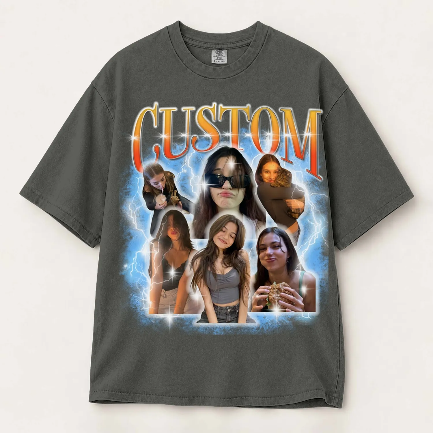 Personalized Bootleg Tee – Custom Photos & Name, Y2K Chrome Lightning Photo Collage Birthday Gift - 1