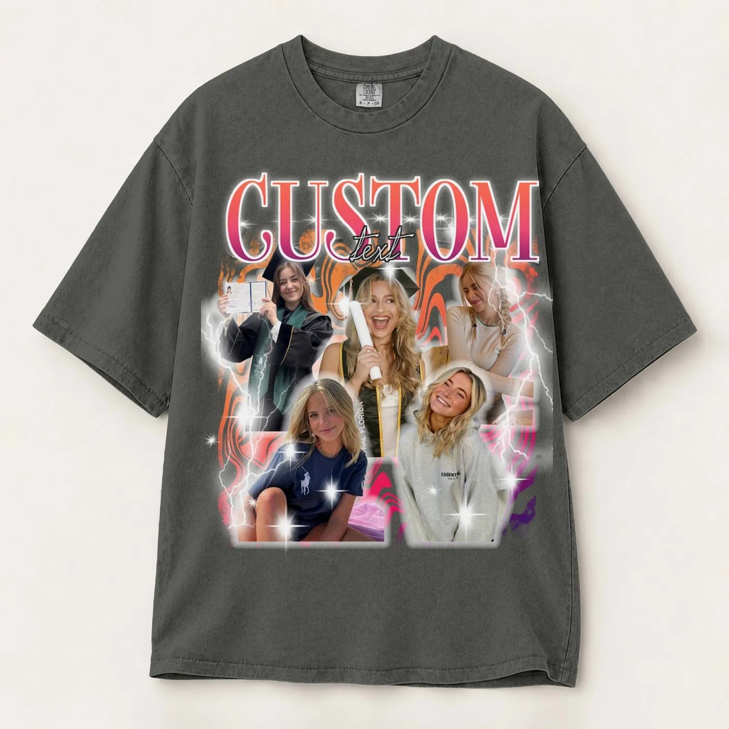 Personalized Bootleg Tee – Custom Photos & Name, Y2K Liquid Chrome Graduation Birthday Gift - 1