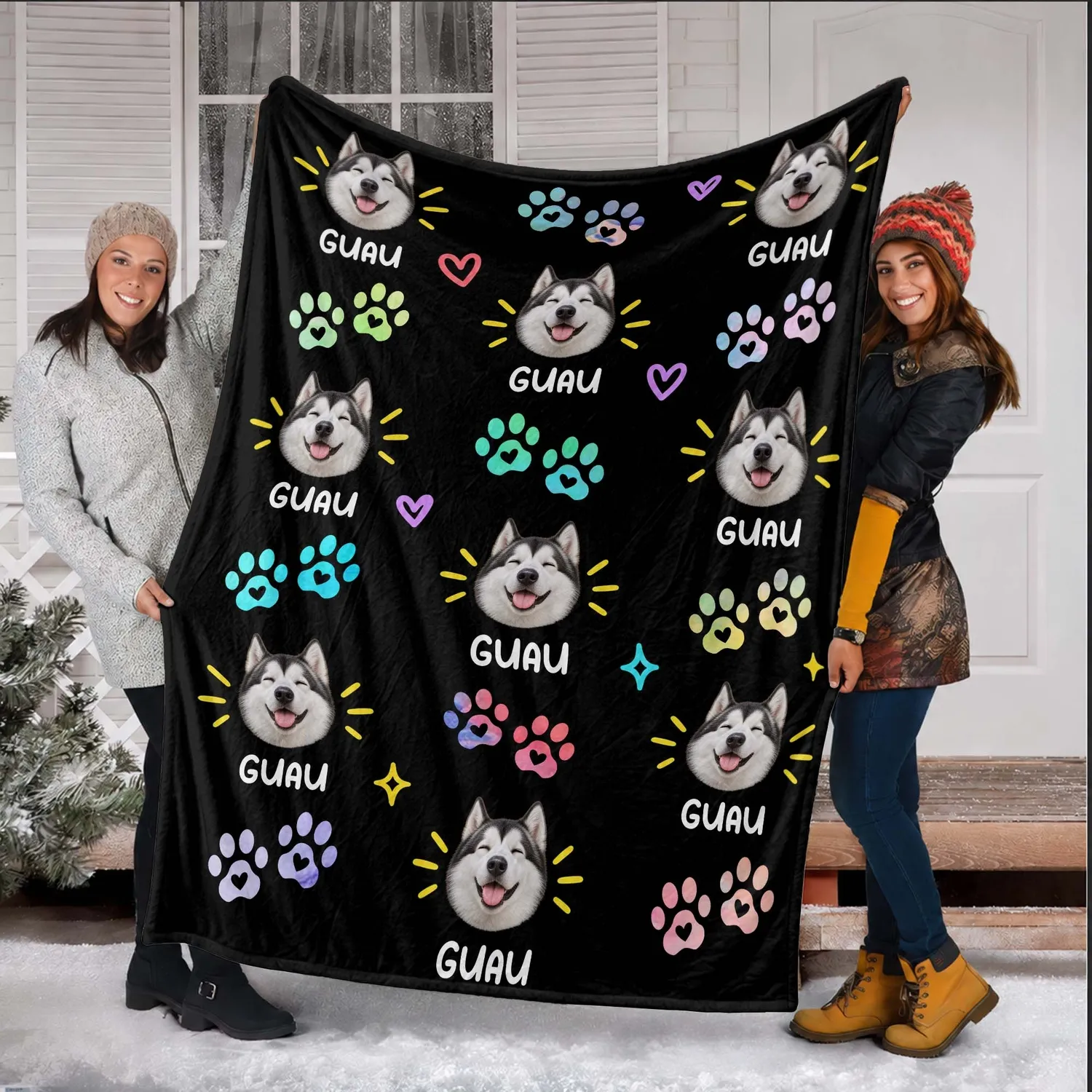Personalized Dog Face Photo Blanket – Custom Pet Name Fleece Throw with Colorful Paw Prints, Christmas Gift for Dog Mom - 1