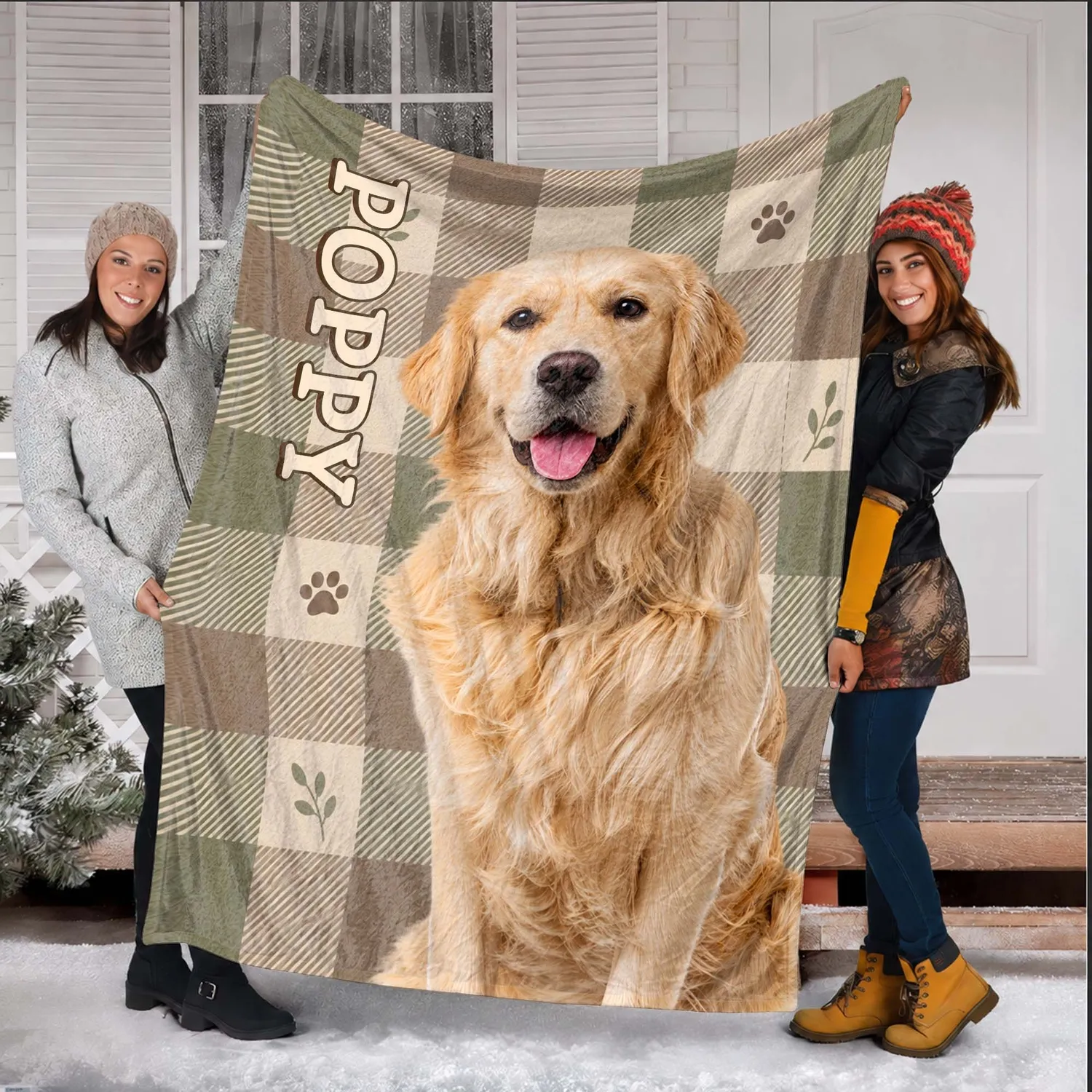 Personalized Buffalo Plaid Dog Photo Blanket – Custom Pet Portrait Fleece Throw with Name, Christmas Gift for Dog Lover - 1