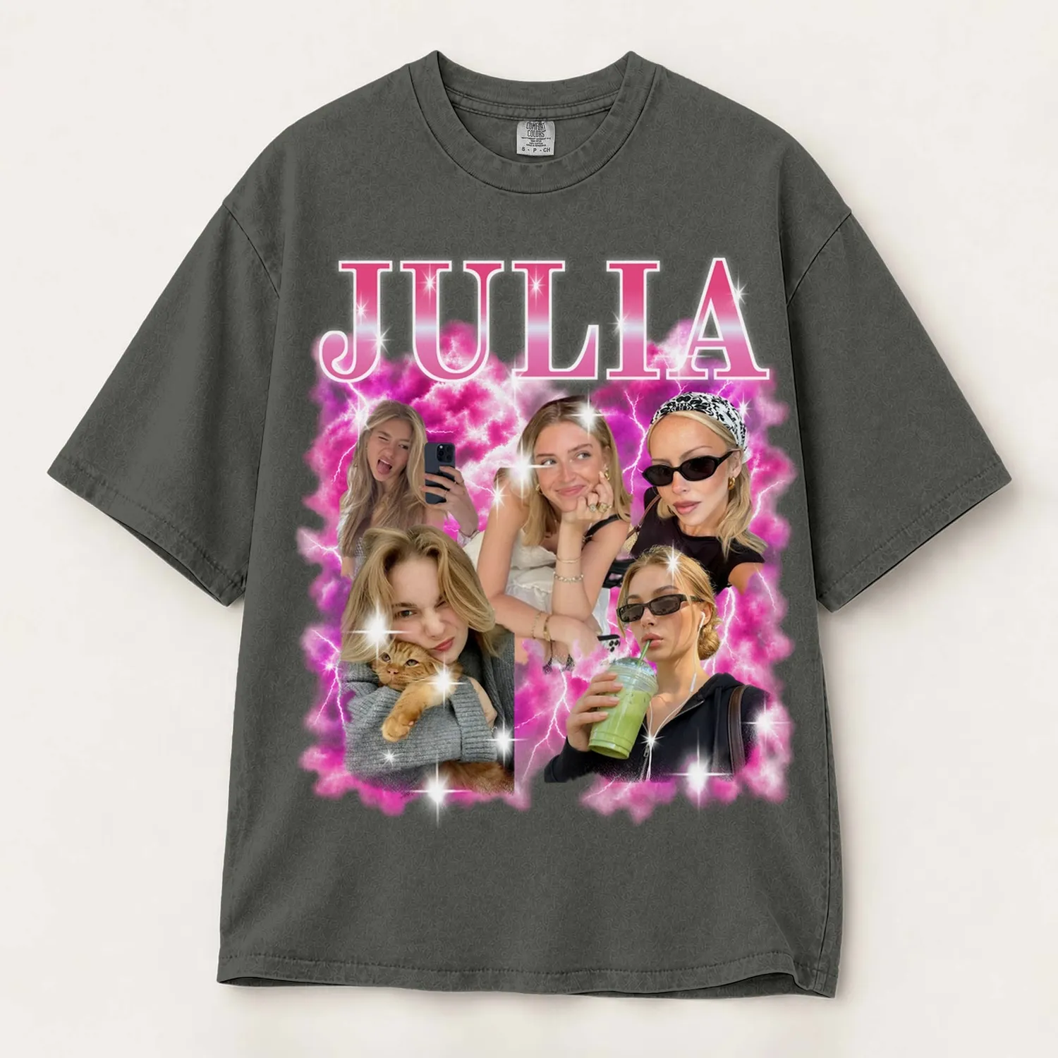 Personalized Bootleg Tee – Custom Photos & Name, Y2K Lightning Cloud Photo Collage Birthday Gift - 1
