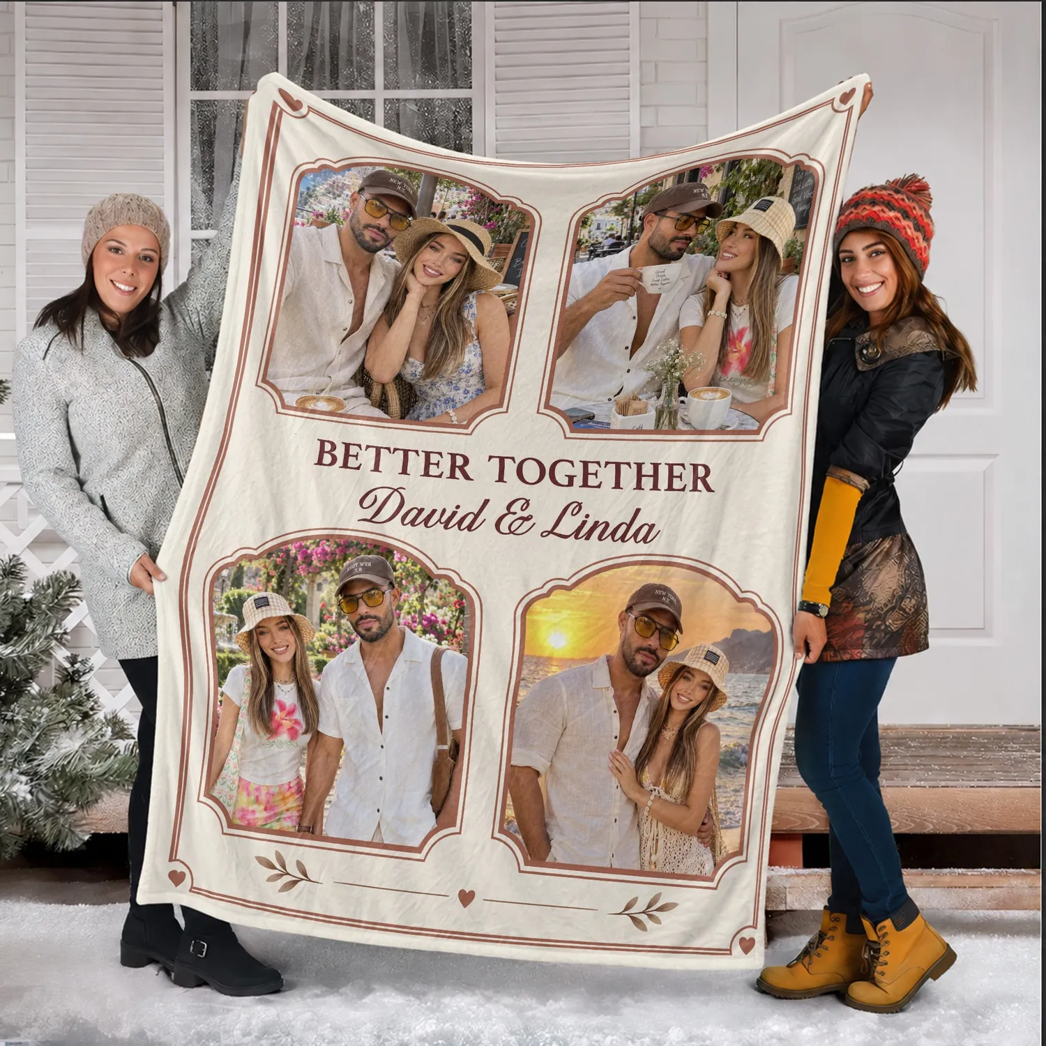 Personalized Vintage Frame Couple Photo Blanket – Custom 4 Picture Fleece Throw with Names, Anniversary Gift for Wife - 1