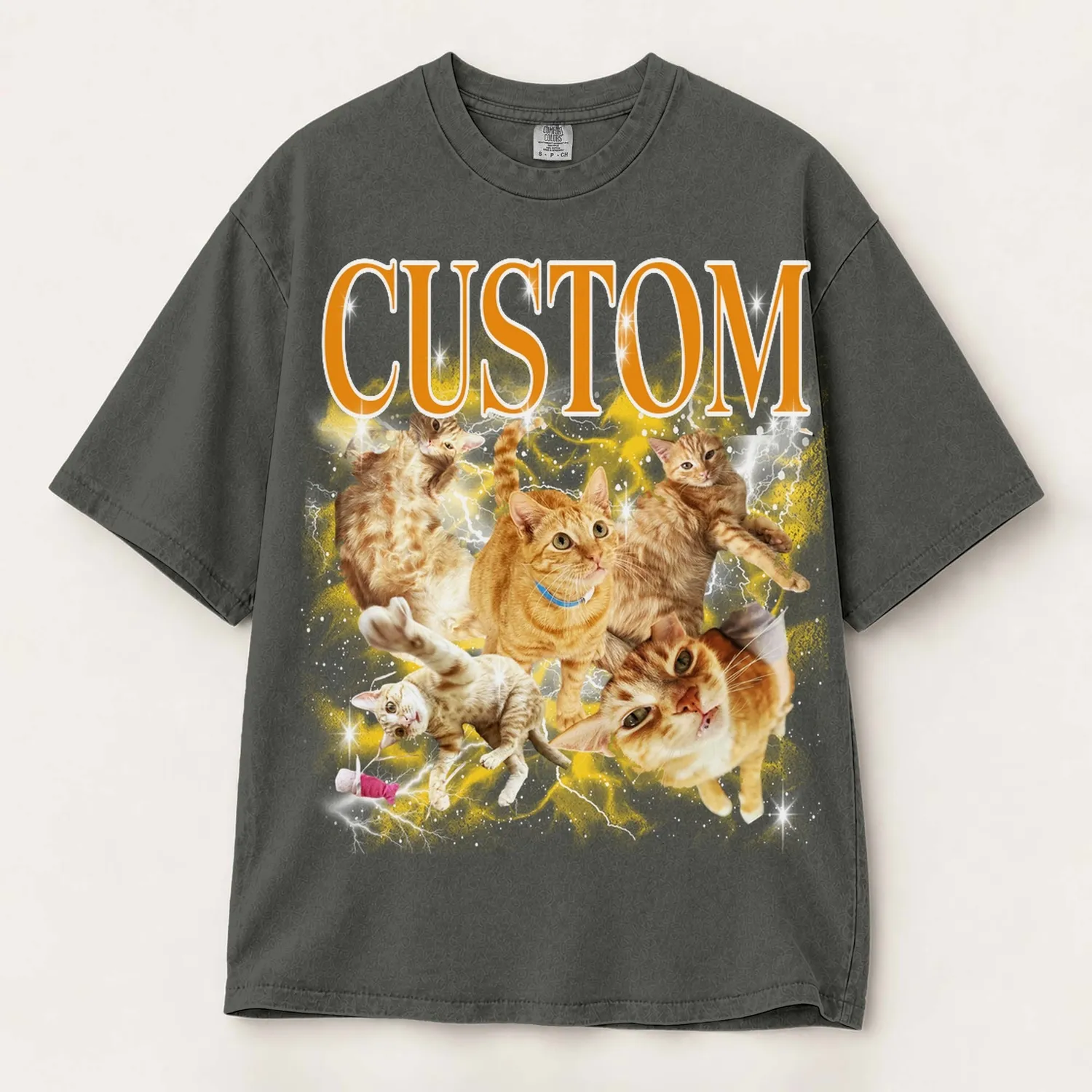 Personalized Bootleg Tee – Custom Pet Photos & Name, Y2K Chrome Lightning Cat Dog Photo Collage Gift - 1