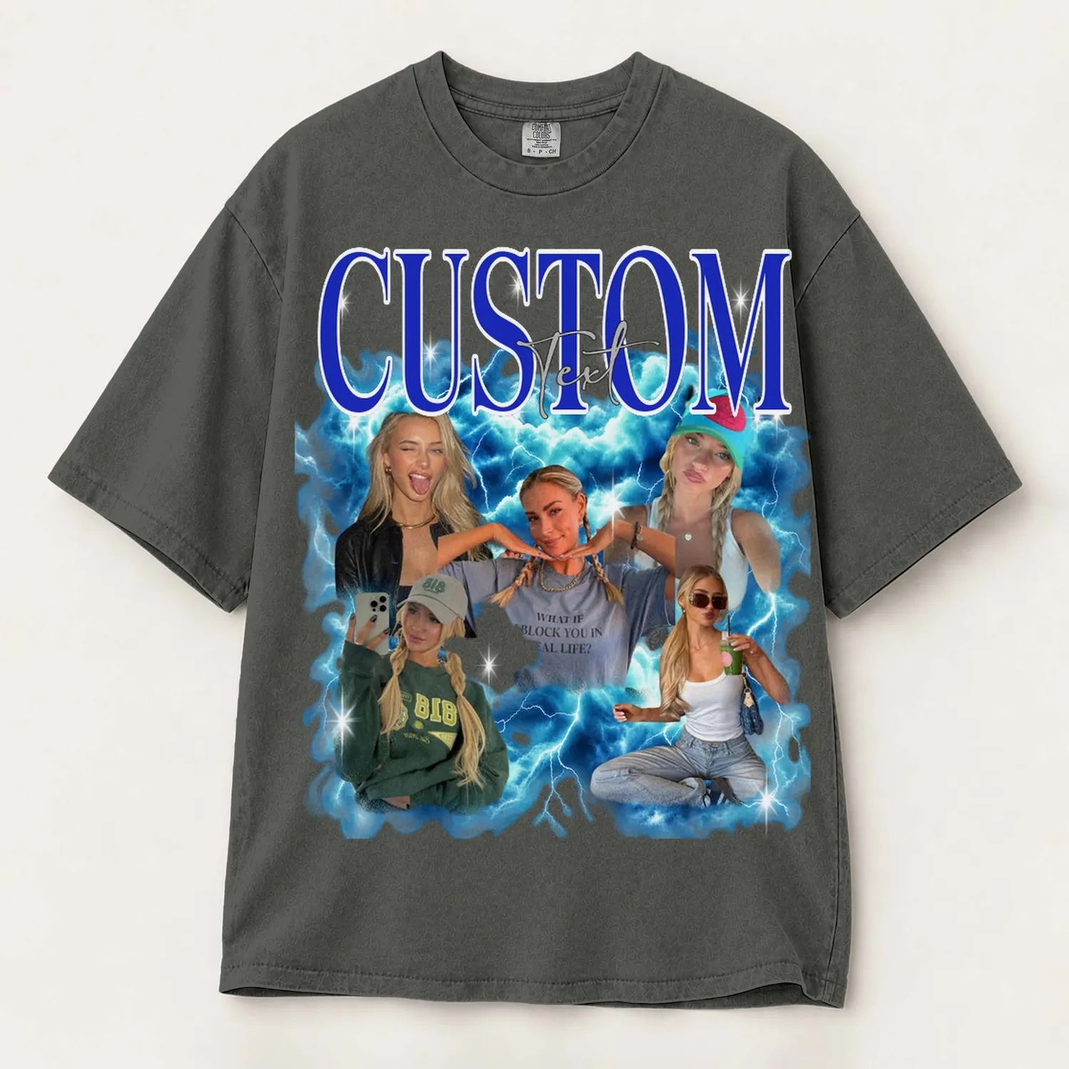 Personalized Bootleg Tee – Custom Photos & Name, Y2K Chrome Lightning Cloud Photo Collage Birthday Gift - 1